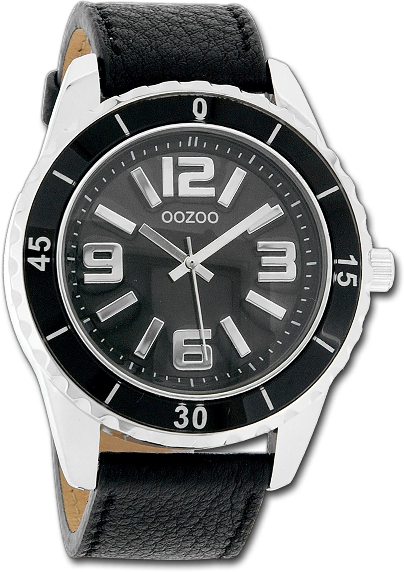 OOZOO Quarzuhr Oozoo Unisex Armbanduhr Vintage Series, (Analoguhr), Damen, Herrenuhr Lederarmband schwarz, rundes Gehäuse, groß (ca. 45mm)