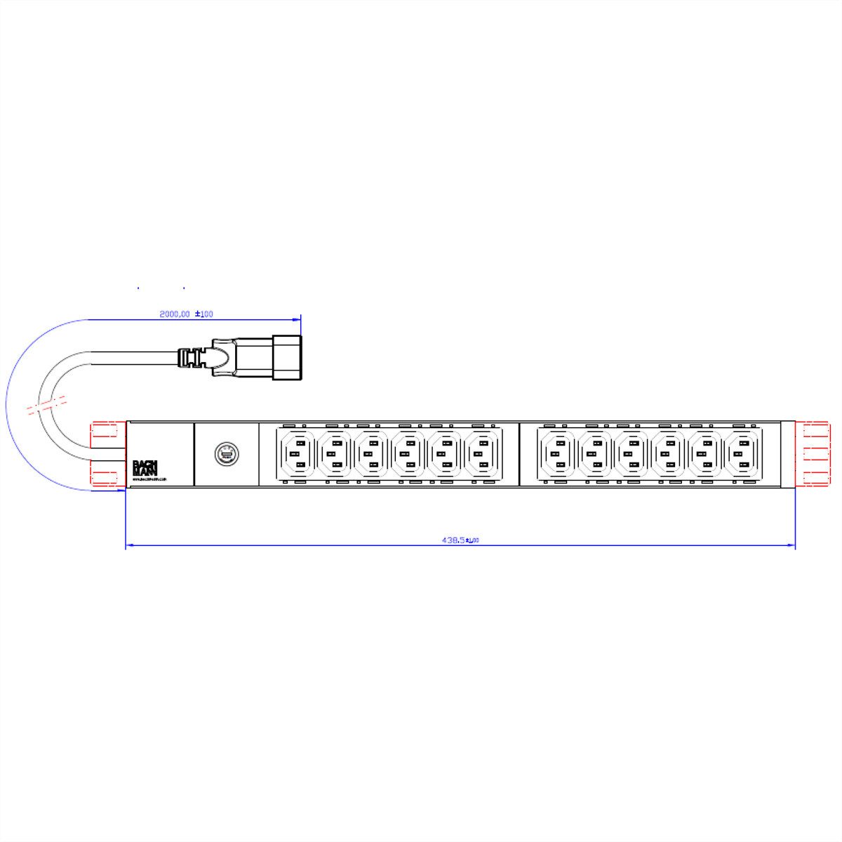 Bachmann IT PDU ALU 19" 1HE 12 x C13 Buchse, Zuleitung C14 Stecker Steckdosenleiste (Kabellänge 2 m), 800.2284