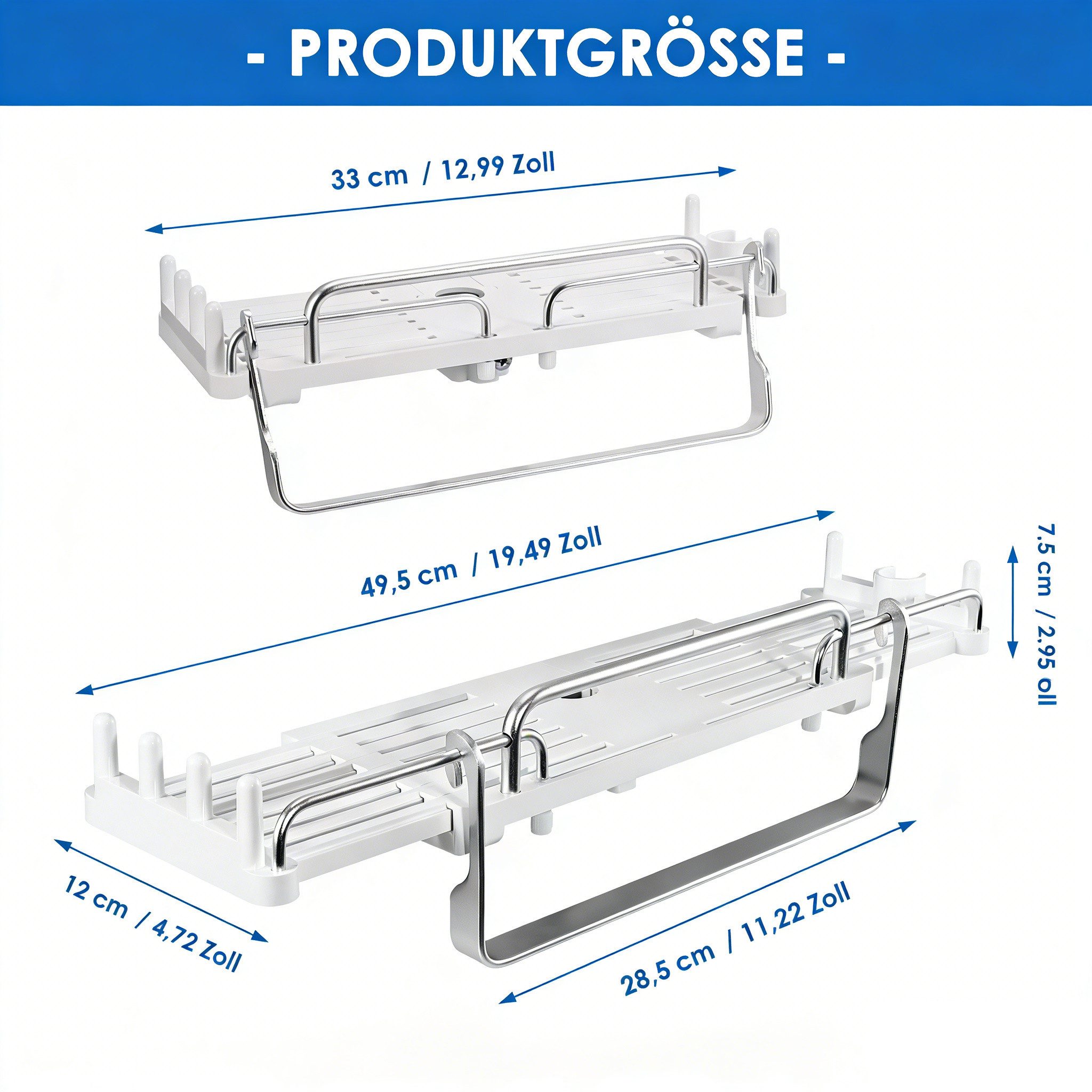 BlingBin Duschablage ohne Bohren 33–49,5 cm für Duschstange Ø 18–26 mm mit 6 Haken, Weiß, 1er Set 1-tlg., ausziehbares Duschregal, platzsparend, Shampoo Halter Dusche