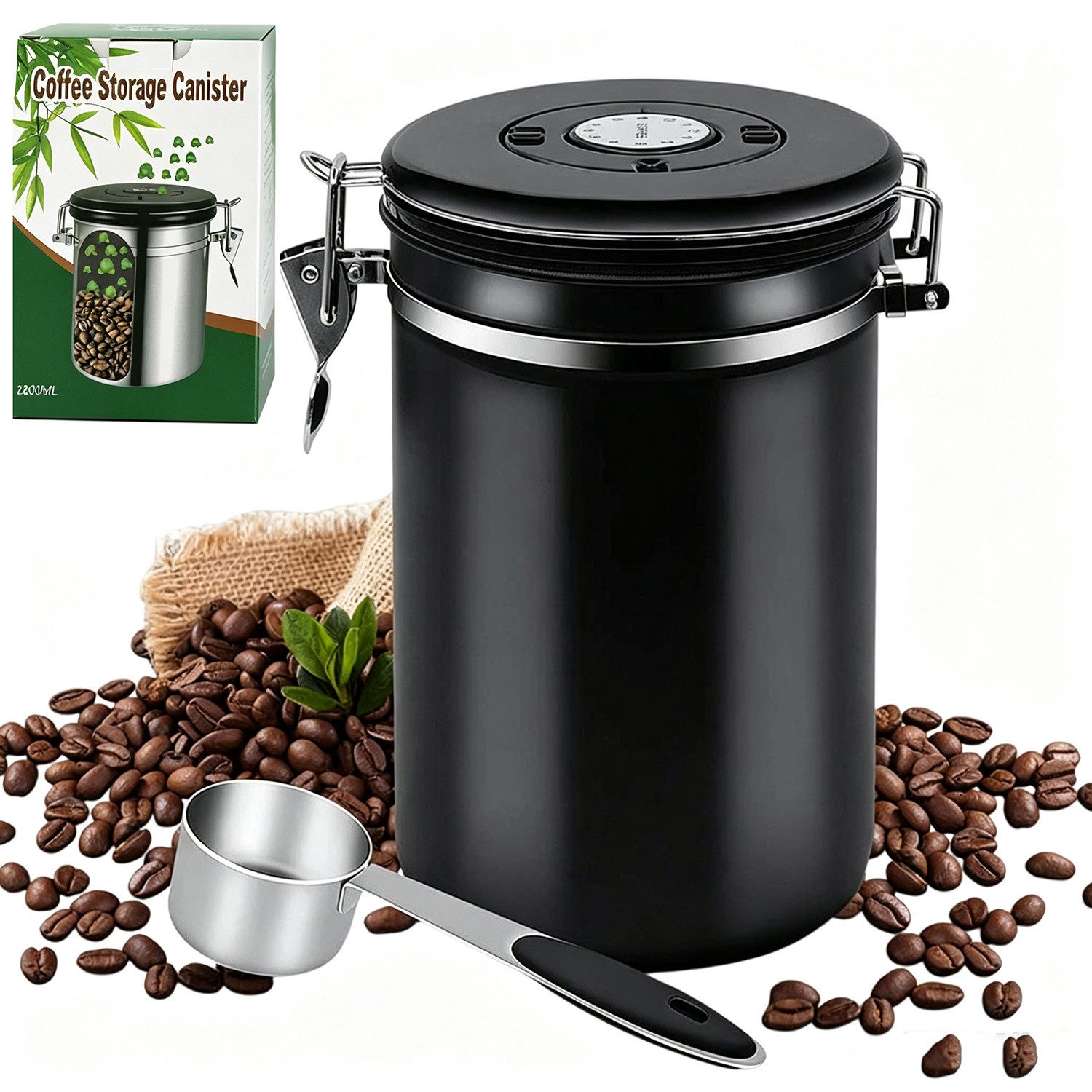 AKKEE Kaffeedose Edelstahl Luftdicht Kaffeebohnen Vorratsdose Mit Löffel 1.5/1.8L, Luftdichte Kaffeebehälter