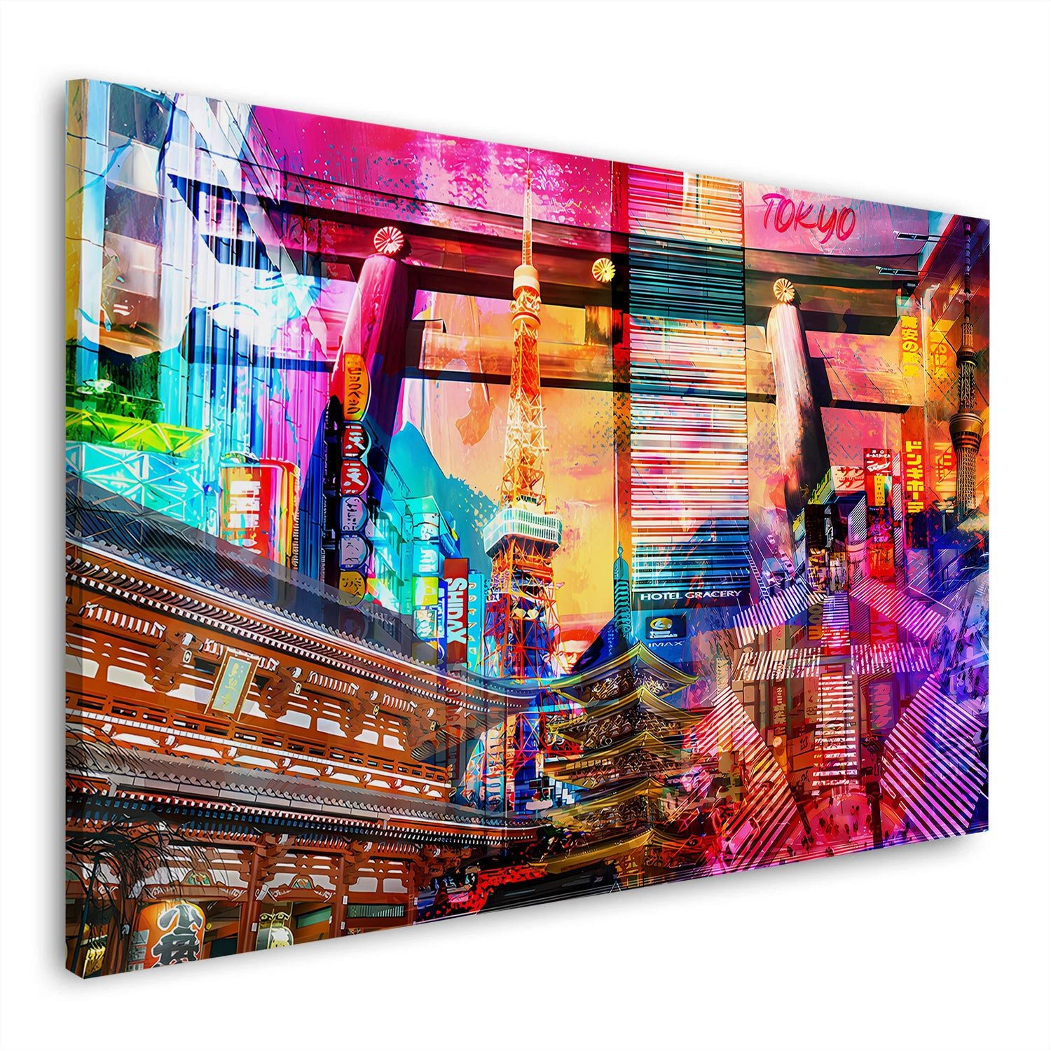 Artedinoi Leinwandbild Pop Art Tokyo Skyline Neonlichter Wandbild Leinwandbild Kunstdruck XL, Tokio-Skyline mit Neonlichtern