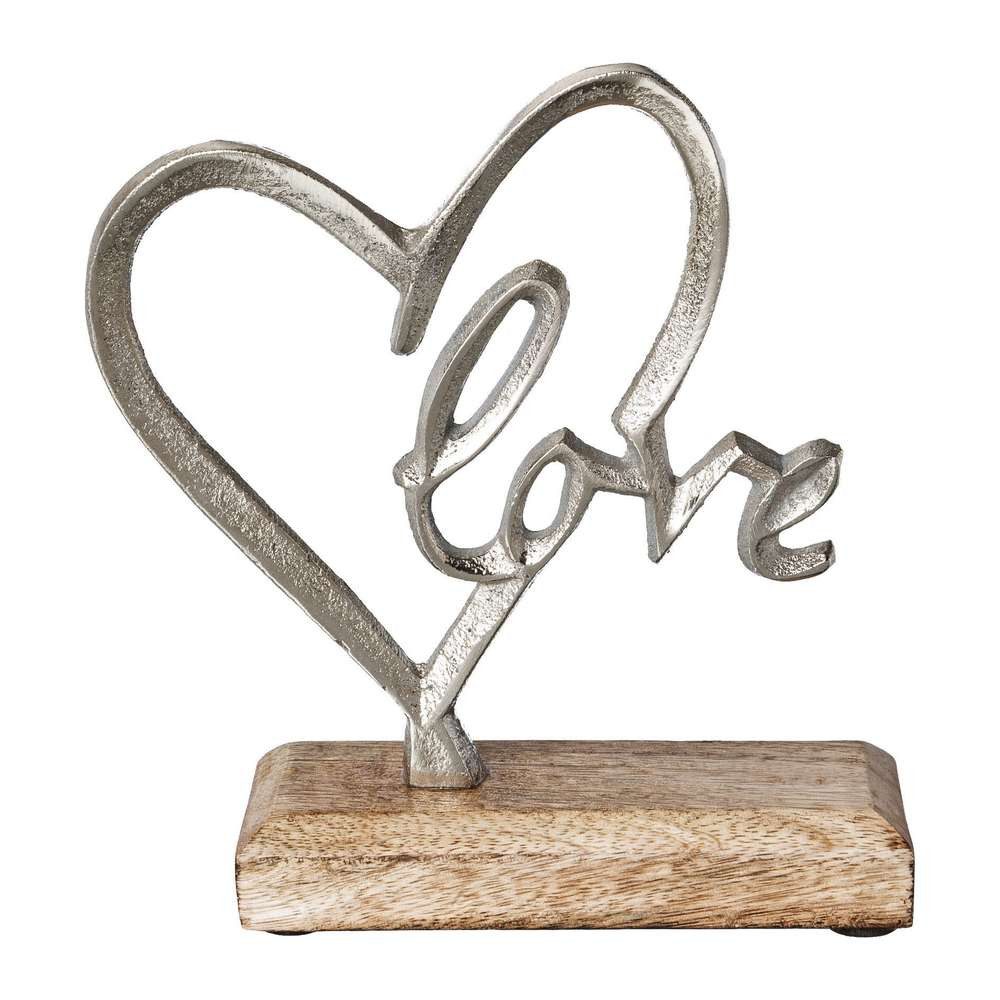 Dekoobjekt Aluminium-Herz "LOVE" auf Holzbase 16cm. Aluherz auf Holzsockel Silber
