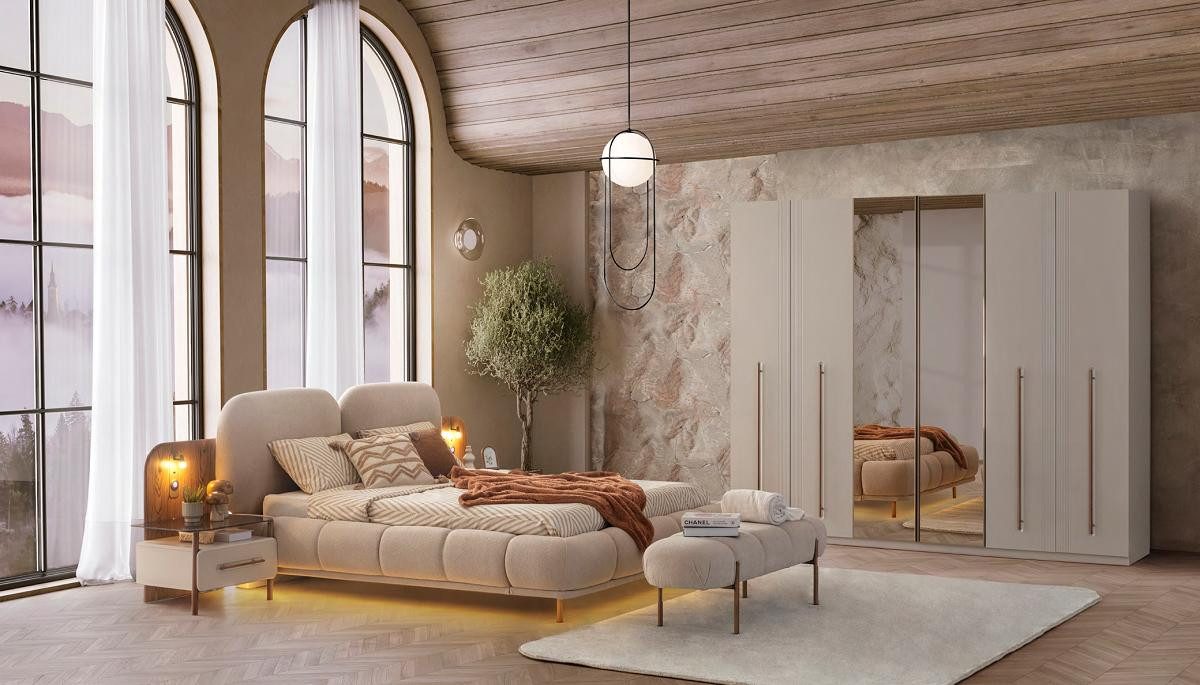 JVmoebel Komplettschlafzimmer Schlafzimmer Set Bett Kleiderschrank Bettbank Modern Beige Elegant, (3-tlg), Made in Europa