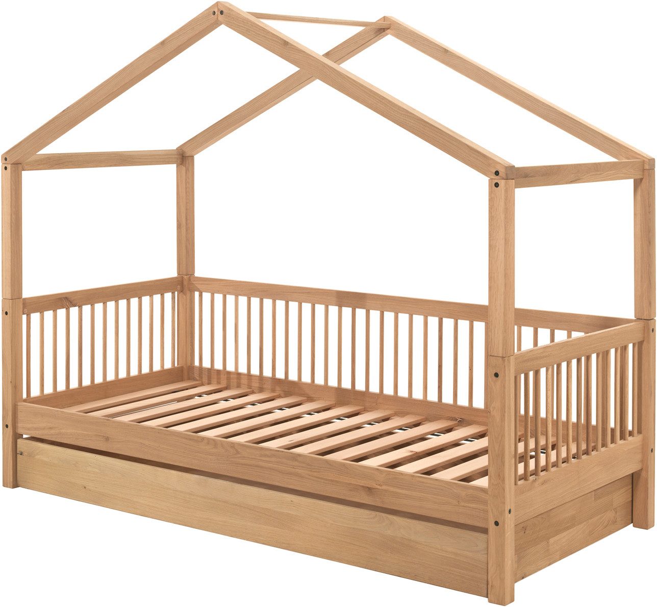 Vipack Hausbett (Made in Europe), aus massiver Eiche geölt, LF 90x200 cm, wahlweise mit Bettschublade