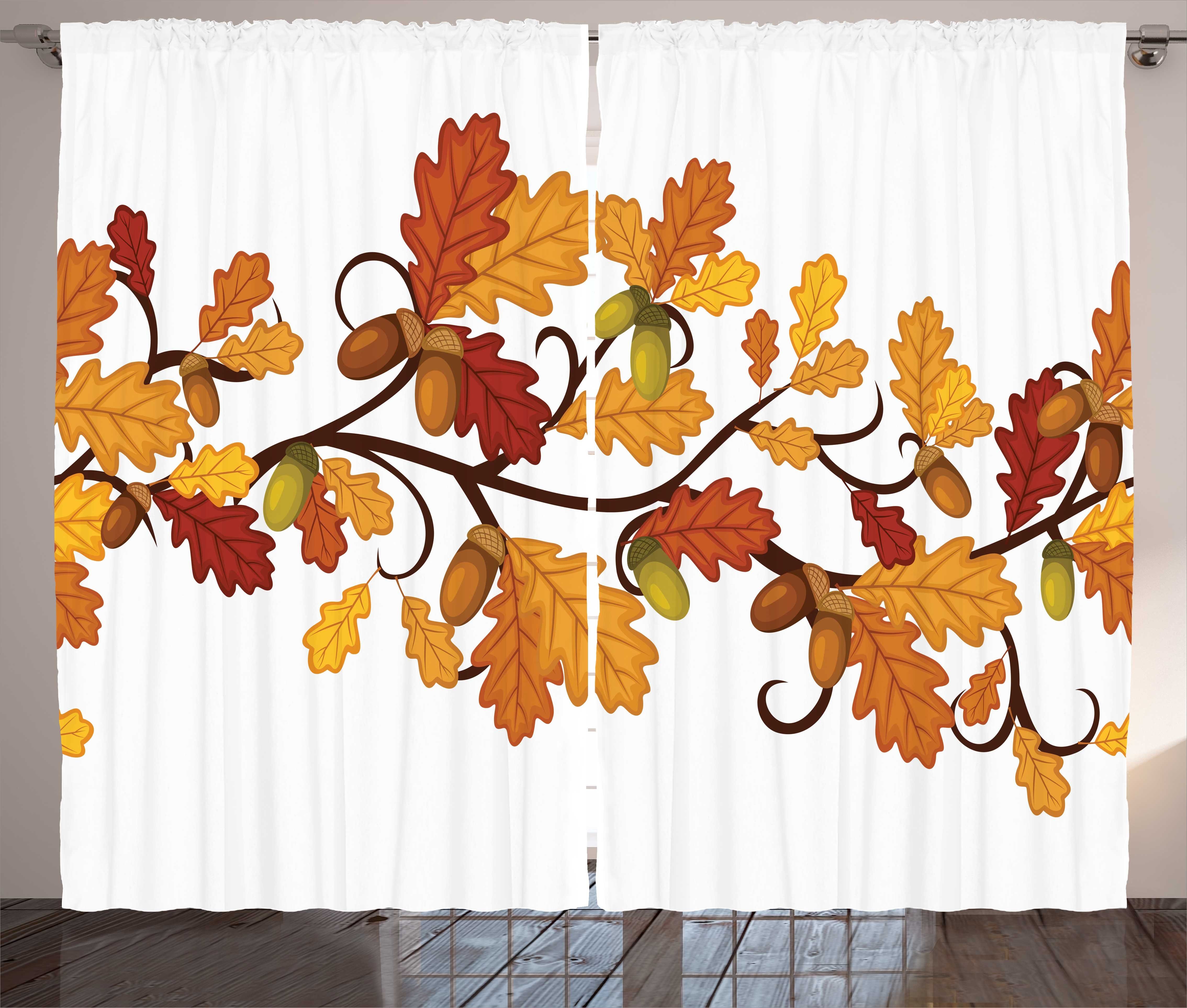 Gardine Schlafzimmer Kräuselband Vorhang mit Schlaufen und Haken, Abakuhaus, Fallen Herbst-Eichen-Blätter und Eicheln | Fertiggardinen
