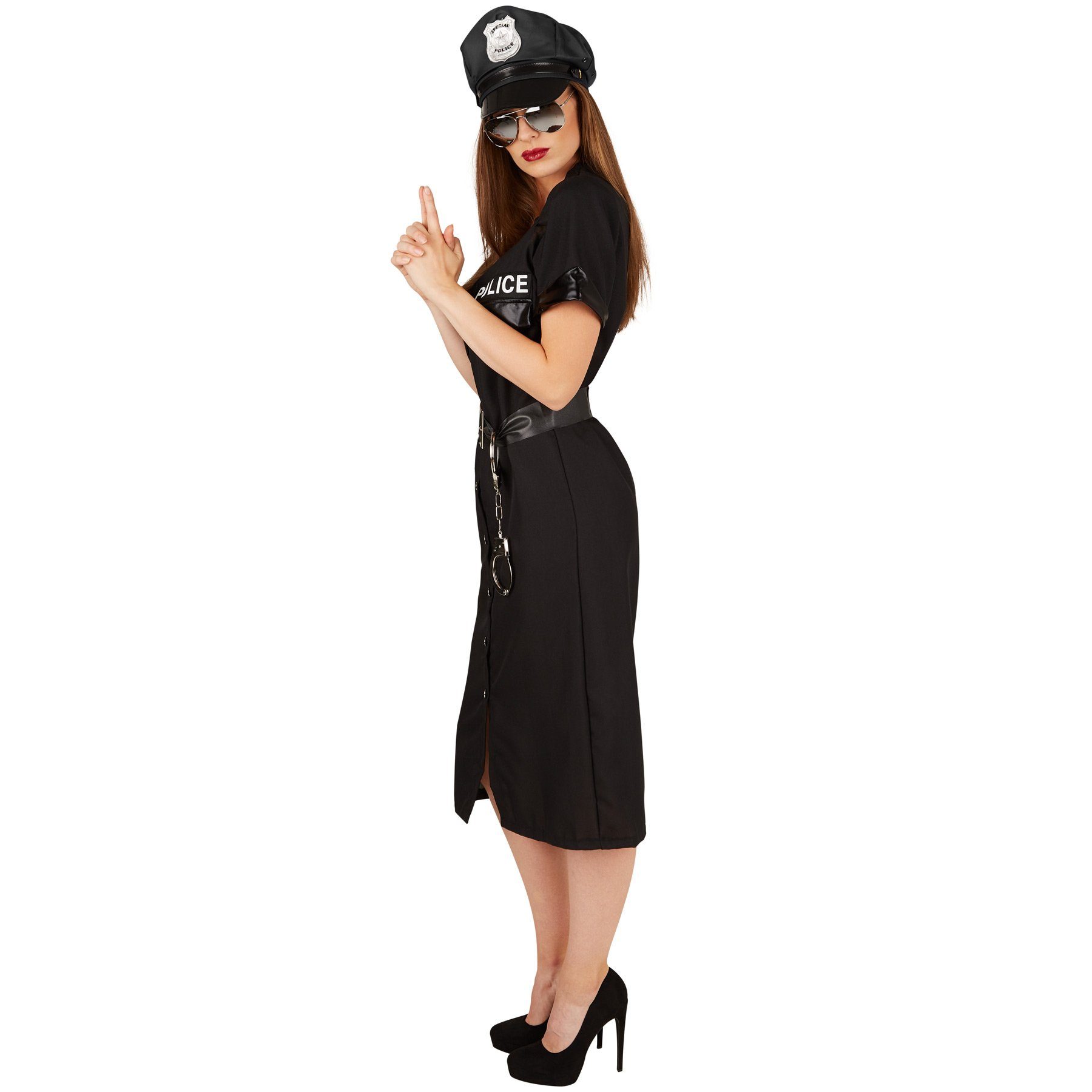 dressforfun Kostüm Polizistin, auch Wachfrau, Konfektionsgröße M, Inkl. Handschellen, in schwarz, Atemberaubendes Kleid, Cooler Kunstlederimitat Gürtel