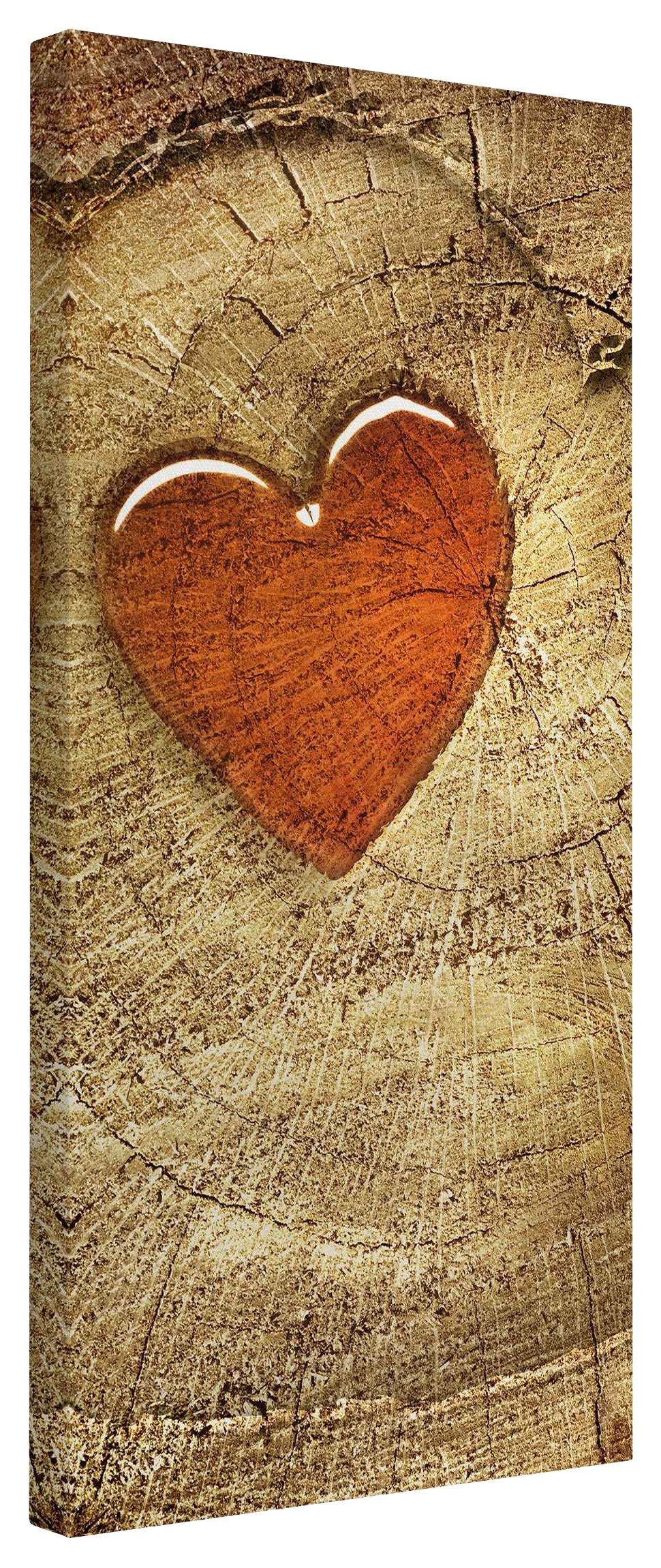 Bilderdepot24 Leinwandbild Holzoptik Herz Liebe Natural Love blau Bild auf Leinwand Groß XXL, Wohnzimmer Schlafzimmer Küche Flur Wandbild Kunstdruck Wanddeko Druck