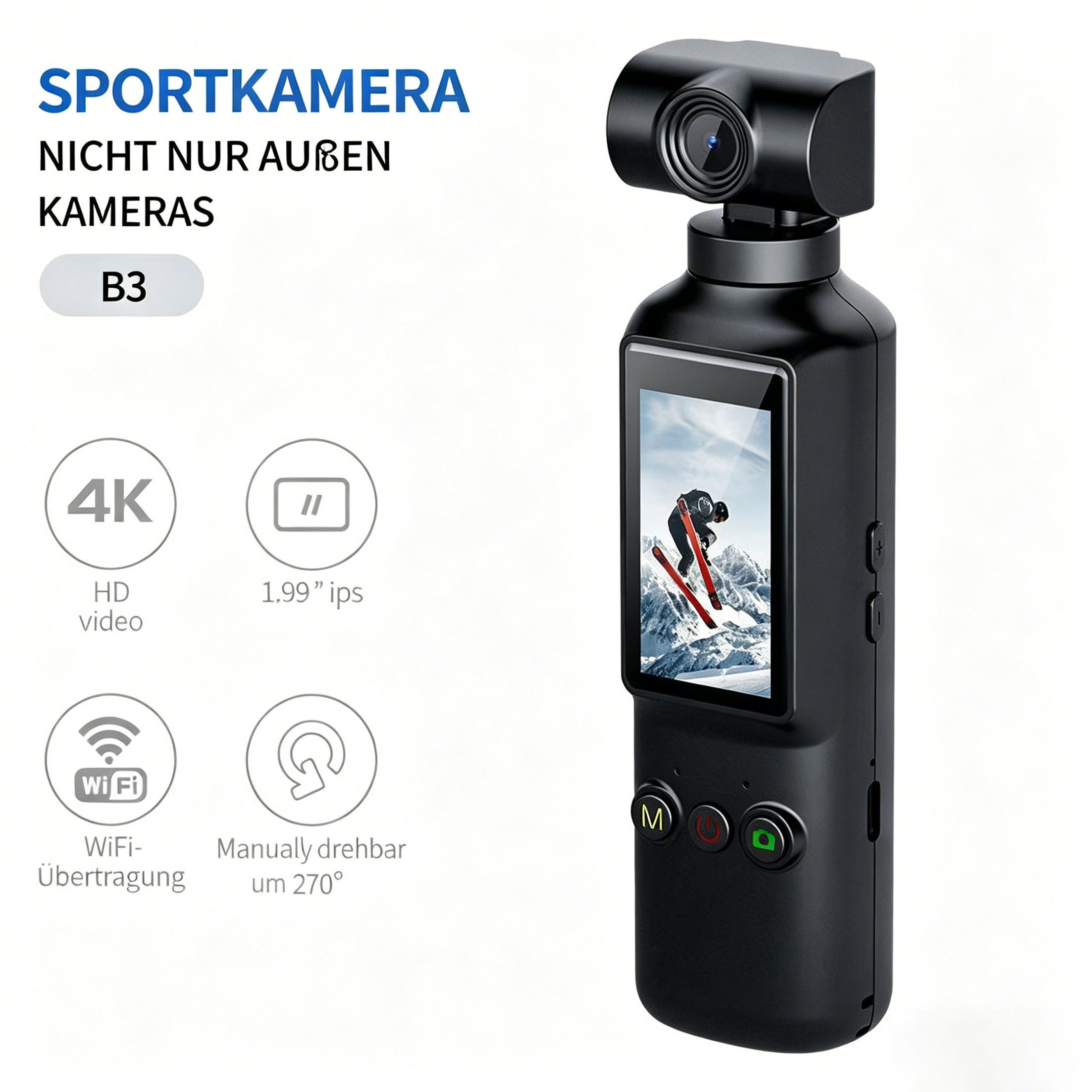 KINSI Handheld-Actionkamera mit 4K-Auflösung,270° drehbarem Objektiv Videokamera (Mit 64GB TF-Speicherkarte ausgestattet, WiFi und 1,99-Zoll-IPS-Display)