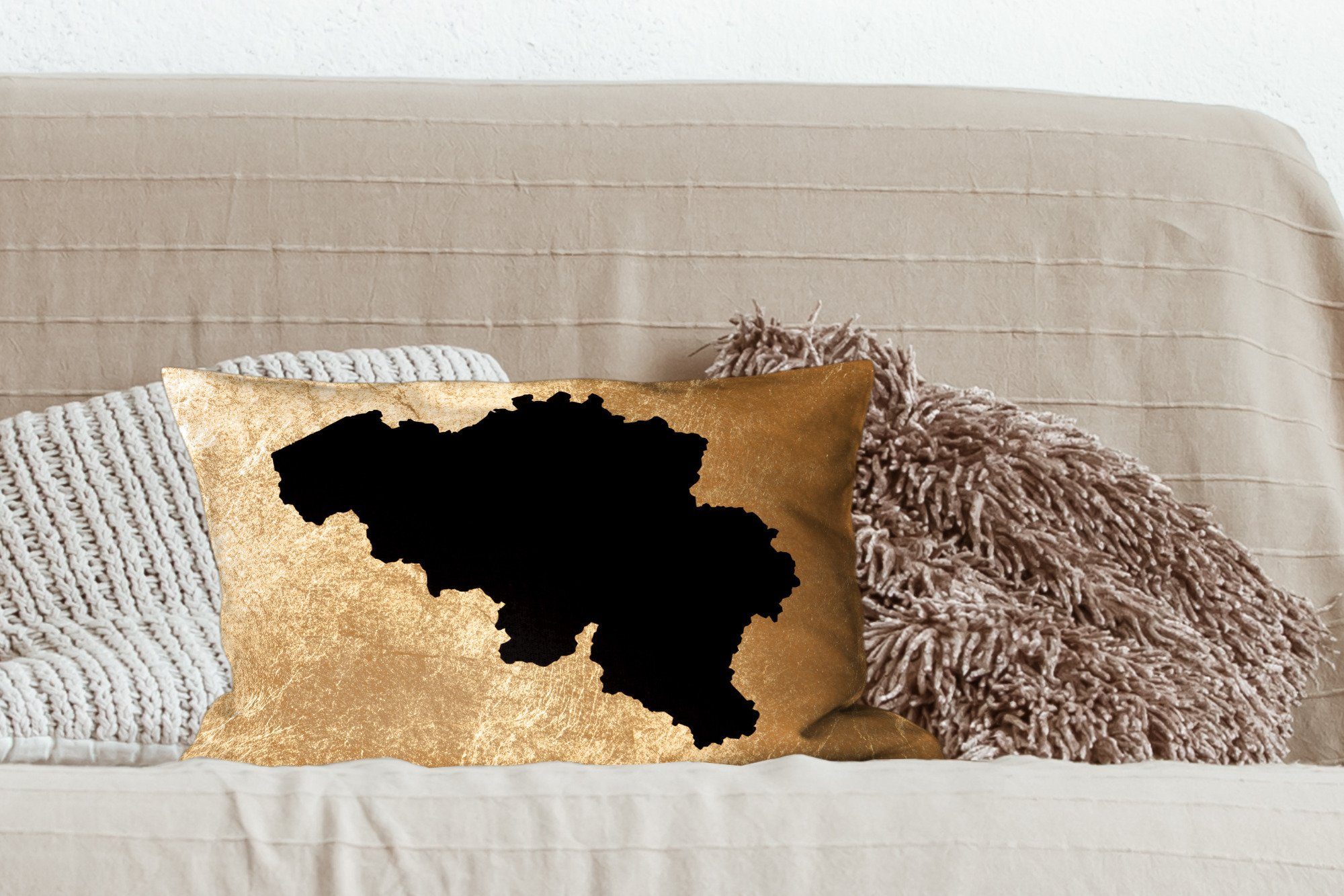 Belgien MuchoWow - mit Schwarz - Schlafzimmer Karte Dekokissen Zierkissen, Wohzimmer Gold, Dekoration, Dekokissen Füllung,