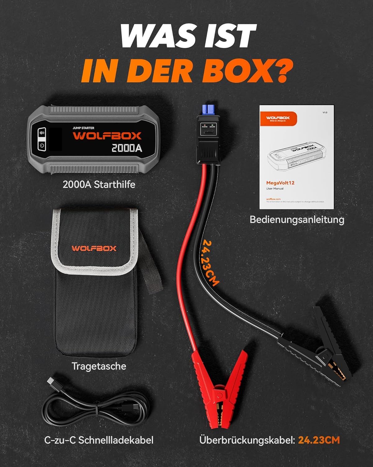 WOLFBOX 2000/4000 A Jump Starter, 12V Car Jump Starter with LED Flashlight (12V, 1 pc), with High-Resolution LCD Screen