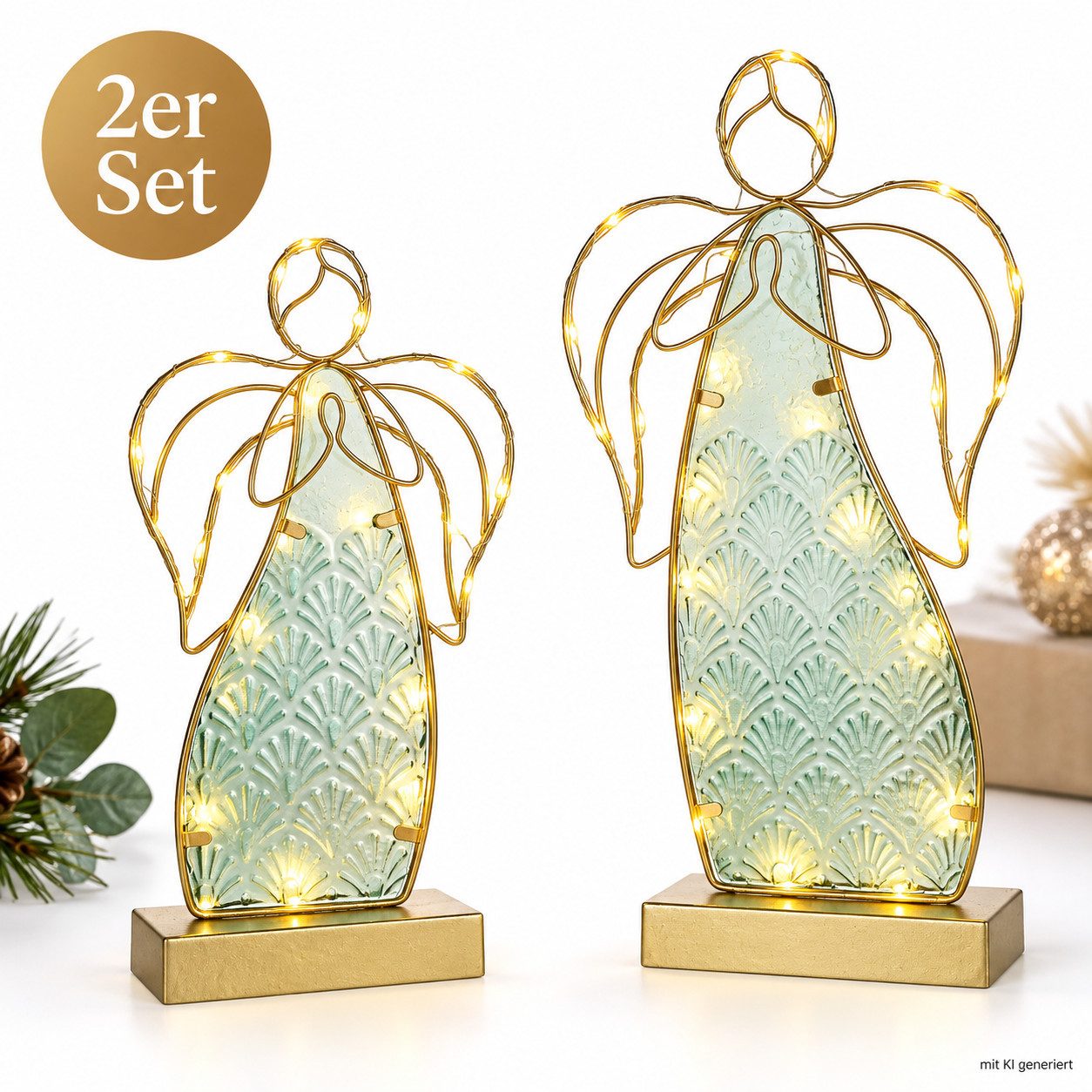 Weltbild LED-Dekofigur LED Engel Pastella Glas Figur Lichterengel 37,5 cm 30,5 cm Metall Deko, Weihnachtsdeko LED Beleuchtung Adventsdeko Lichterfigur