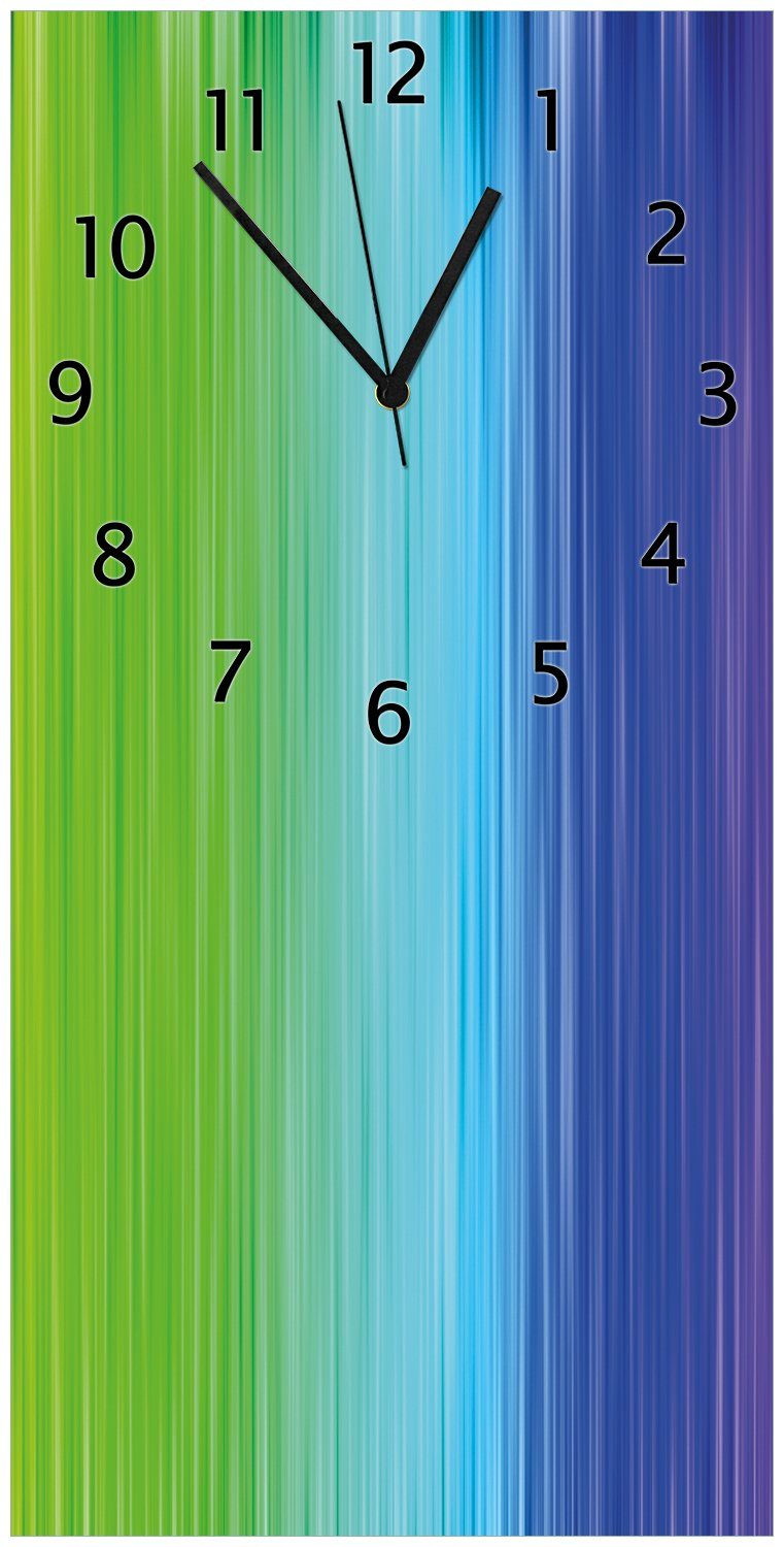 Wanduhr blau, aus rot und pink Wallario - Farben (Uhr rot, Acryl) gelb, grün, Regenbogenmuster