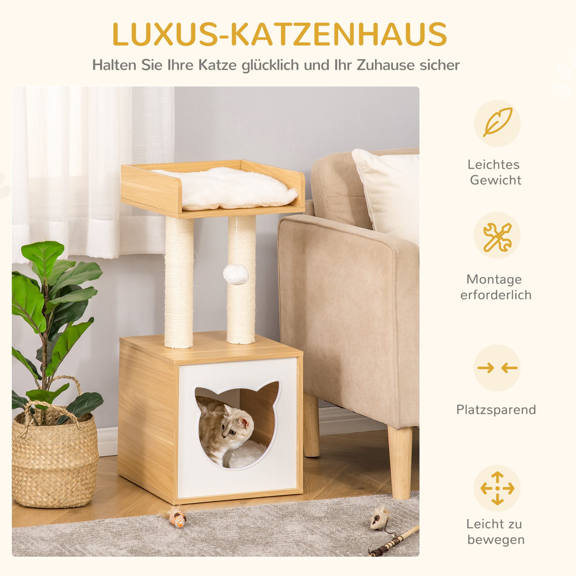 furnicato Kratzbaum Katzennest Eiche 35L x 35B x 81H cm mit Katzenhöhle und