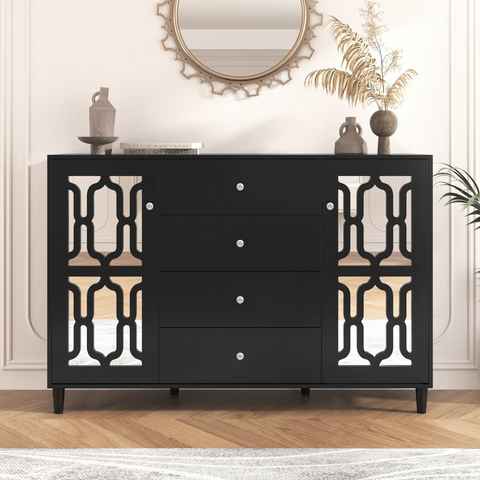 Merax Sideboard mit Spiegelelementen und geometrischem Trellis-Muster, Kommode mit vier Schubladen und Spiegelfront, Anrichte, Breite:147cm