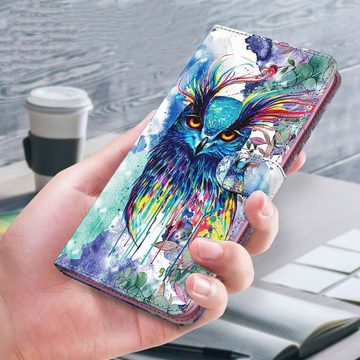 CLM-Tech Handytasche für Samsung Galaxy A35 5G Hülle Tasche aus Kunstleder Klapphülle (Eule bunt, Handyhülle Wallet Flip Case Cover Etui), Schutzhülle mit Standfunktion, Kartenfächer, und Magnetverschluss