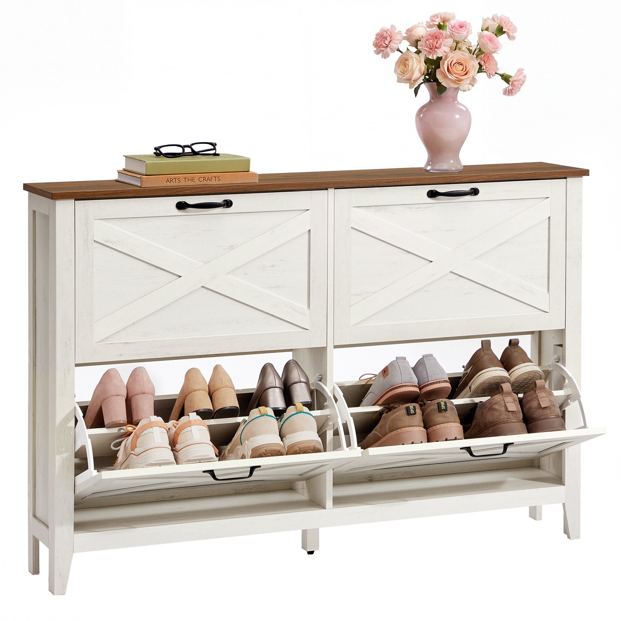 VASAGLE Schuhschrank 4 Klappen, Schuhkipper, freistehendes schmales Schuhregal für 20-24 Paar Schuhe, für Eingangsbereich, Landhausstil