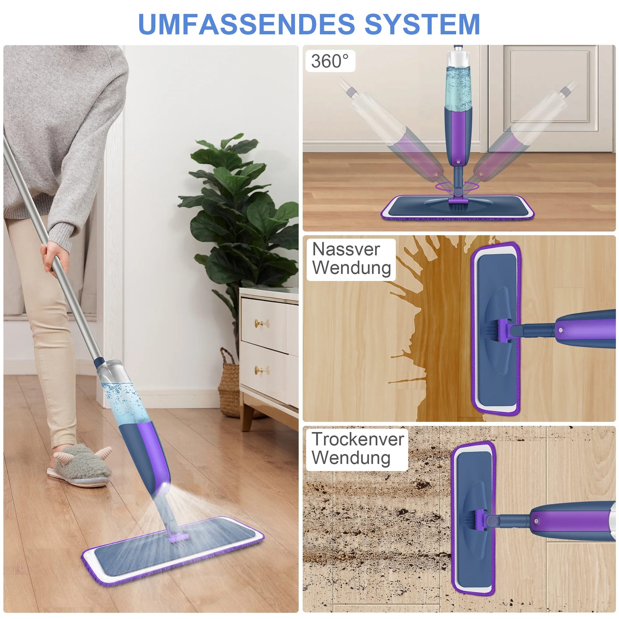 HUGERSTONE Sprühwischer Bodenwischer mit Wassertank, Wischer mit Sprühfunktion (mit 4 Waschbaren Mikrofaser Pads für alle Böden) 360 Grad Rotierender Wischmopp