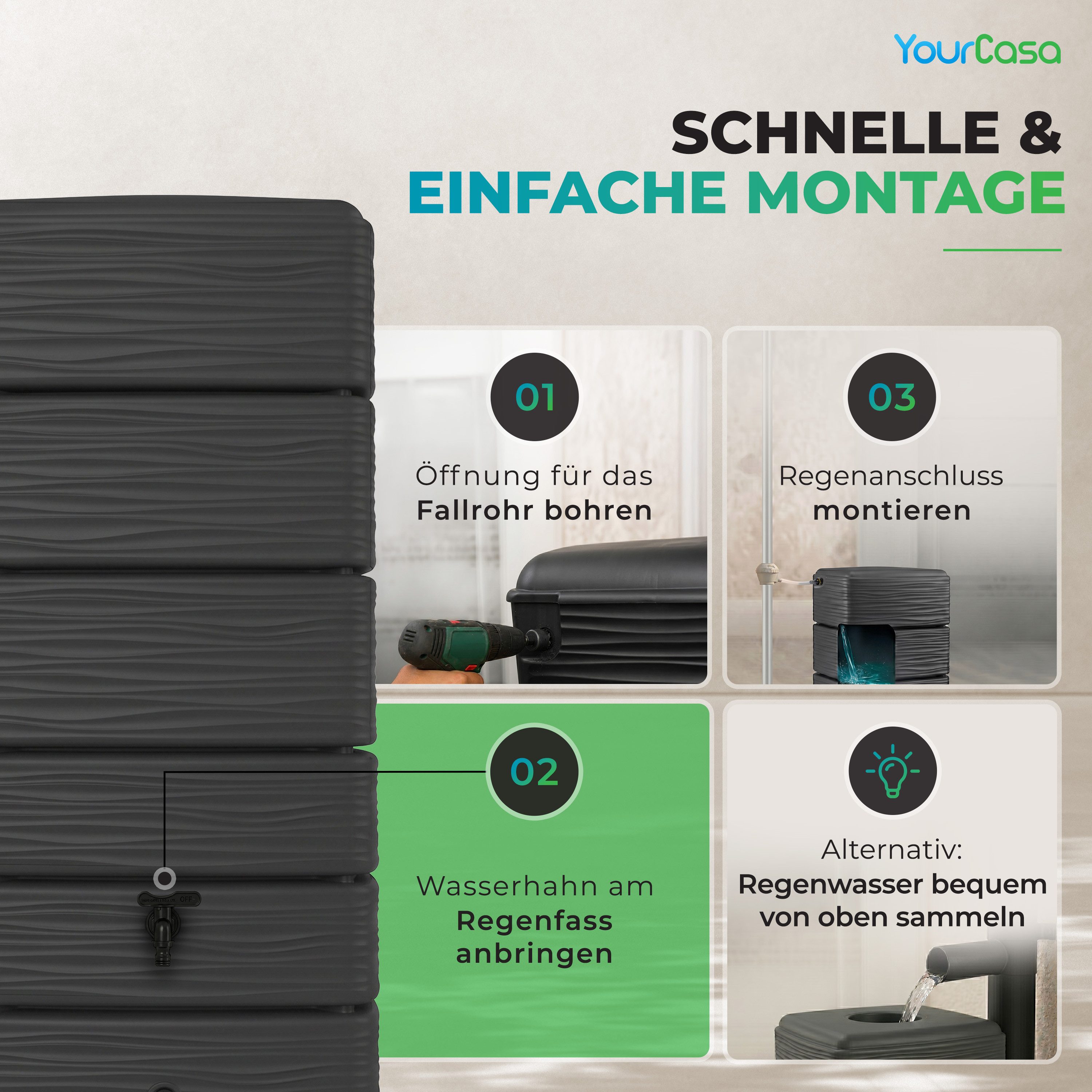 YourCasa Regentonne AquaWall 300 Liter Anthrazit schmal mit Regensammler Set, 300 l – Bild 5 von 5