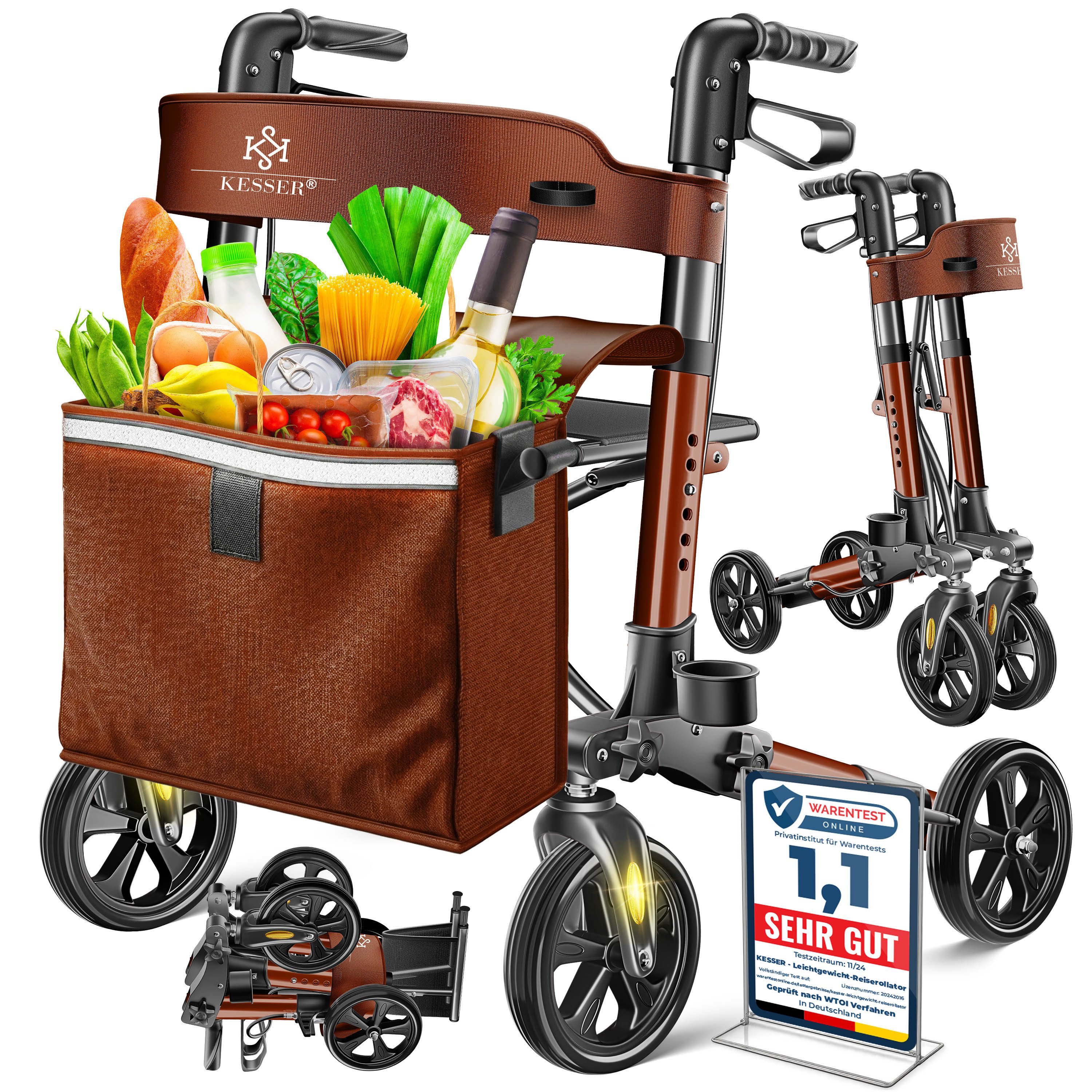 KESSER Rollator Aluminium – faltbar, höhenverstellbar & bis 136 kg belastbar, wetterbeständig, Tasche, Stockhalter, Reflektoren, 360° Gelände Reifen