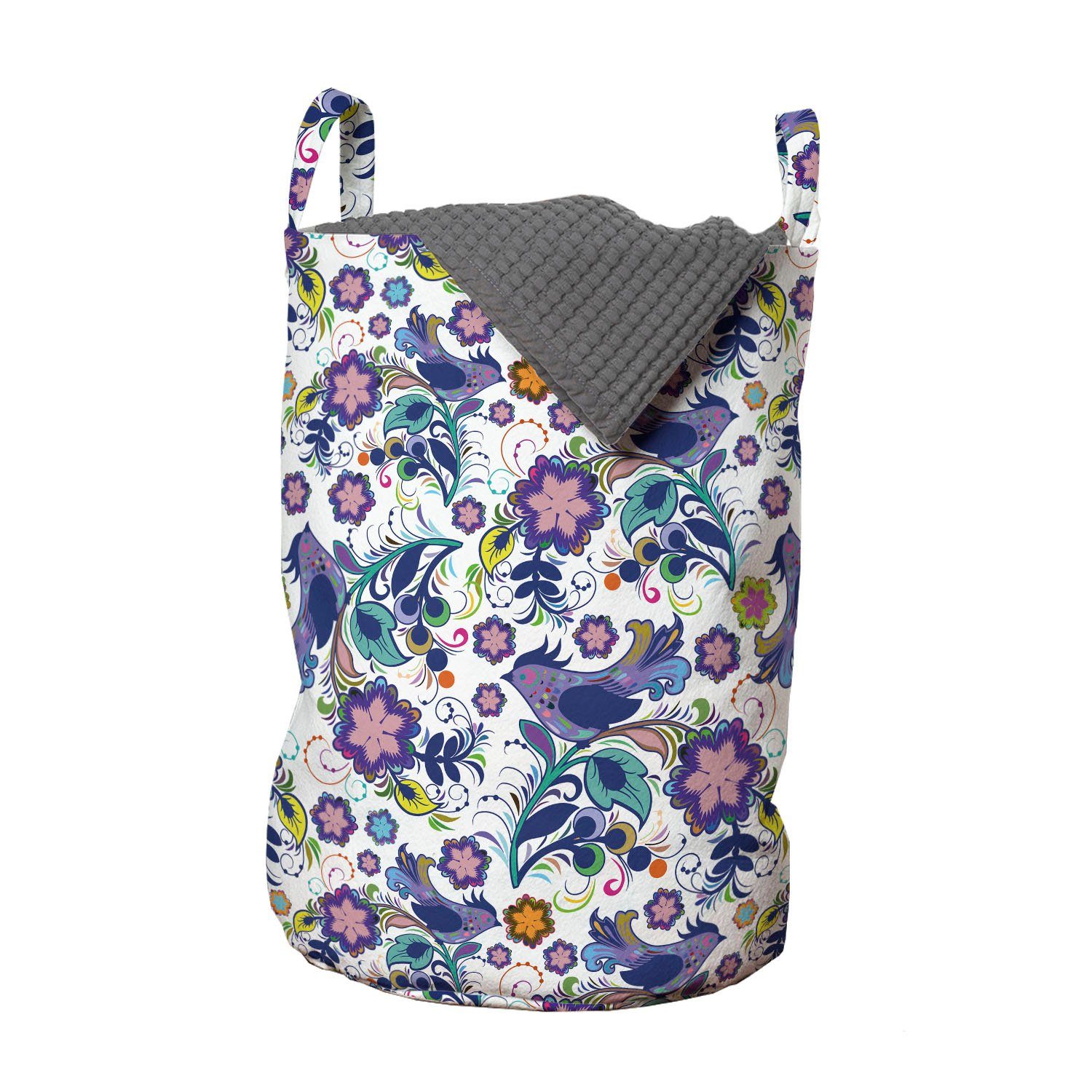 Abakuhaus Wäschesäckchen Wäschekorb mit Griffen Kordelzugverschluss für Waschsalons, Blumen Vogel und Blumen