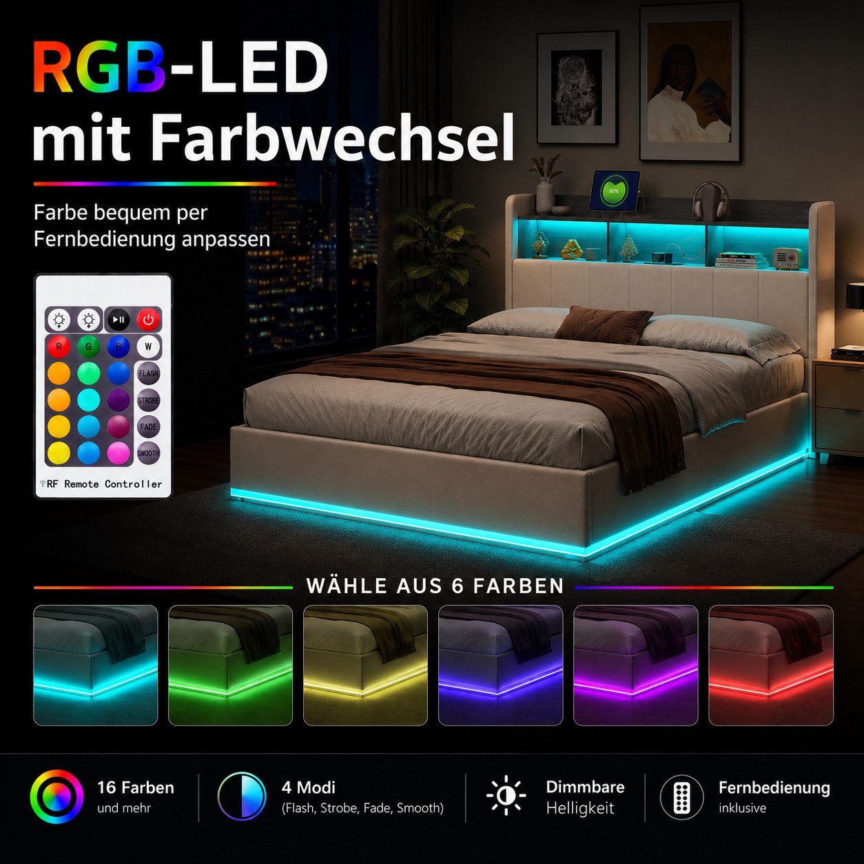 Simurq Polsterbett Stauraumbett 140x200 cm mit Bettkasten,LED,USB,Lattenrost,Samt (Jugendbett Bettgestell,großem Bettkasten, ohne Matratze, Doppelbett mit LED-B – Bild 5 von 5
