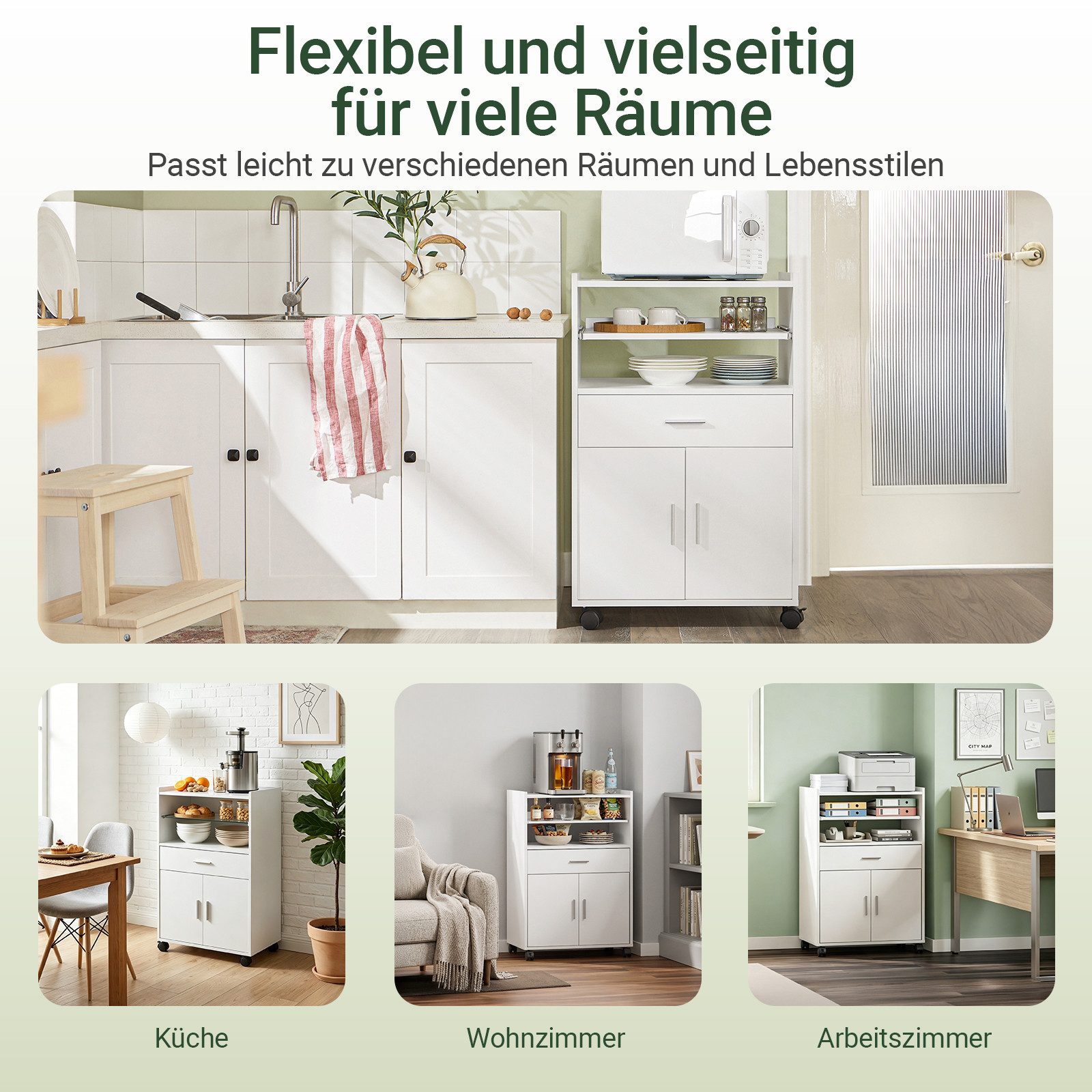 SoBuy Küchenwagen FSB09, Servierwagen mit Arbeitsplatte Aufbewahrungsschrank, Küchenschrank Rollschrank Mikrowellenschrank mit Ablagen und 2 Türen