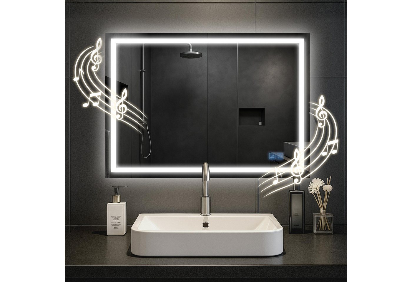 CLP Wandspiegel Jaffrey (1er), Bluetooth-Lautsprecher, Anti-Fog, LED-Licht, IP44