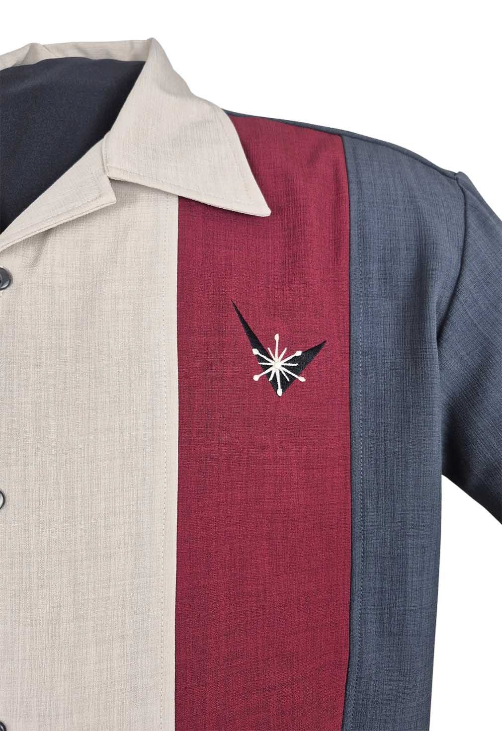 Steady Clothing Kurzarmhemd Atomic Men Charcoal Burgundy Stone Retro Vintage Bowling Shirt