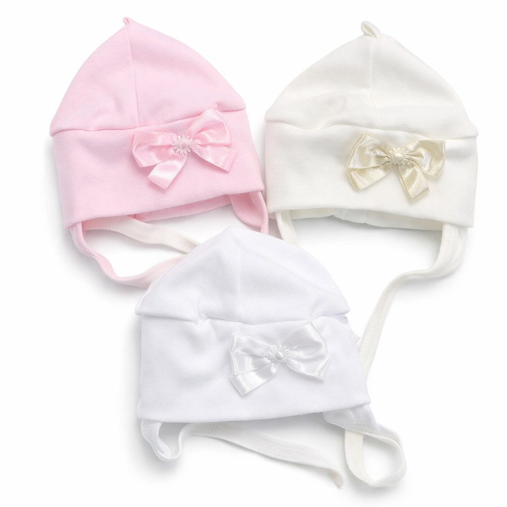 La Bortini Erstlingsmütze Baby Mützen 3er Pack creme weiß rosa für Neugeborene Mädchen (Spar-Set, Hauben für Neugeborene 3er Set) aus Baumwolle, 3 Stück Mützchen mit Schleifen