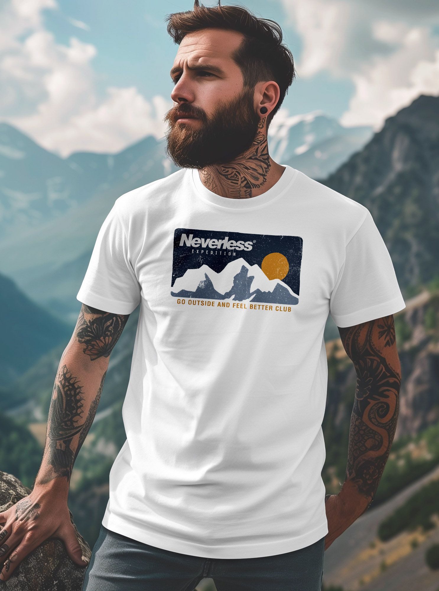 Neverless Print-Shirt Herren T-Shirt Berge Wandern Berg-Grafik Vintage Retro Style Männer mit Print