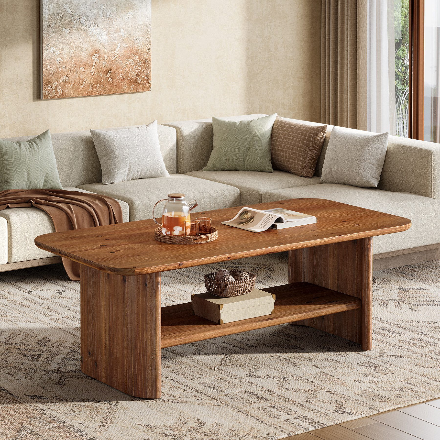 Tribesigns Couchtisch Massivholz Couchtisch 120 cm, 2-stufig, rechteckig, stabil, Braun, Massivholz – Bild 5 von 5