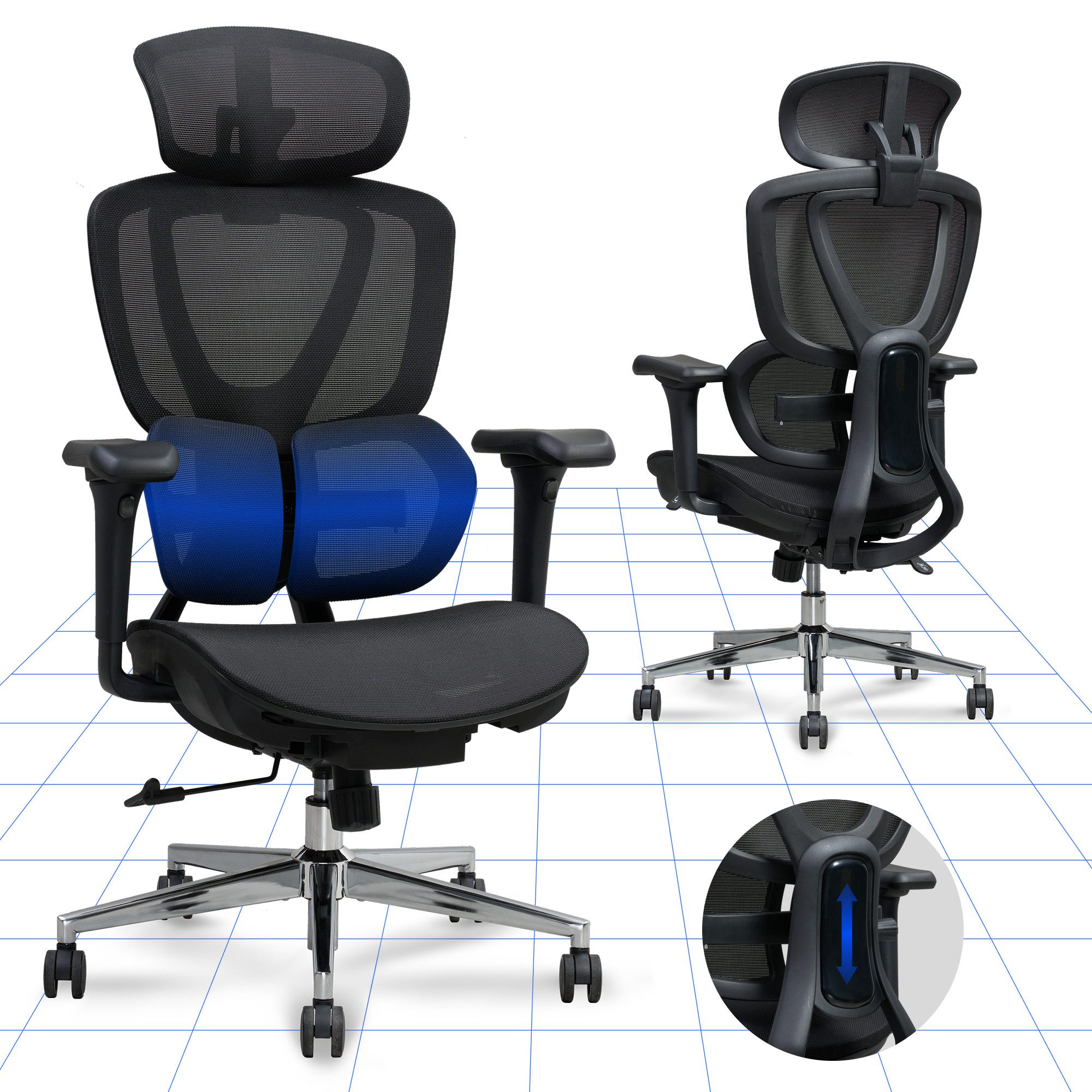 FLEXISPOT Drehstuhl Ergonomischer Bürostuhl, Arbeitsstuhl mit Dual-Wing Lendenstütze (3D-Kopfstütze & 3D-Armlehnen & Verstellbarer Sitztiefe), 3-Stufen Neigung & höhenverstellbare Rückenlehne