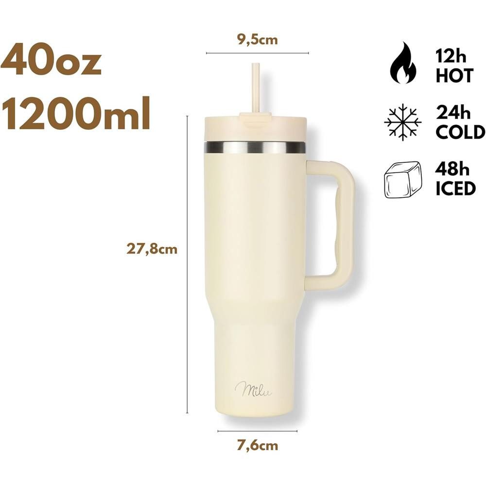 Milu Thermobecher Edelstahl Tumbler To Go 1200 ml, mit Strohhalm und Henkel