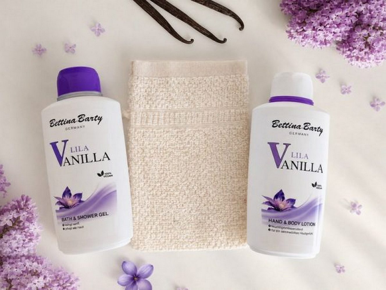 Bettina Barty Pflege-Geschenkset Lila Vanilla Geschenkset – Duschgel, Bodylotion & Waschhandschuh Spar-Set