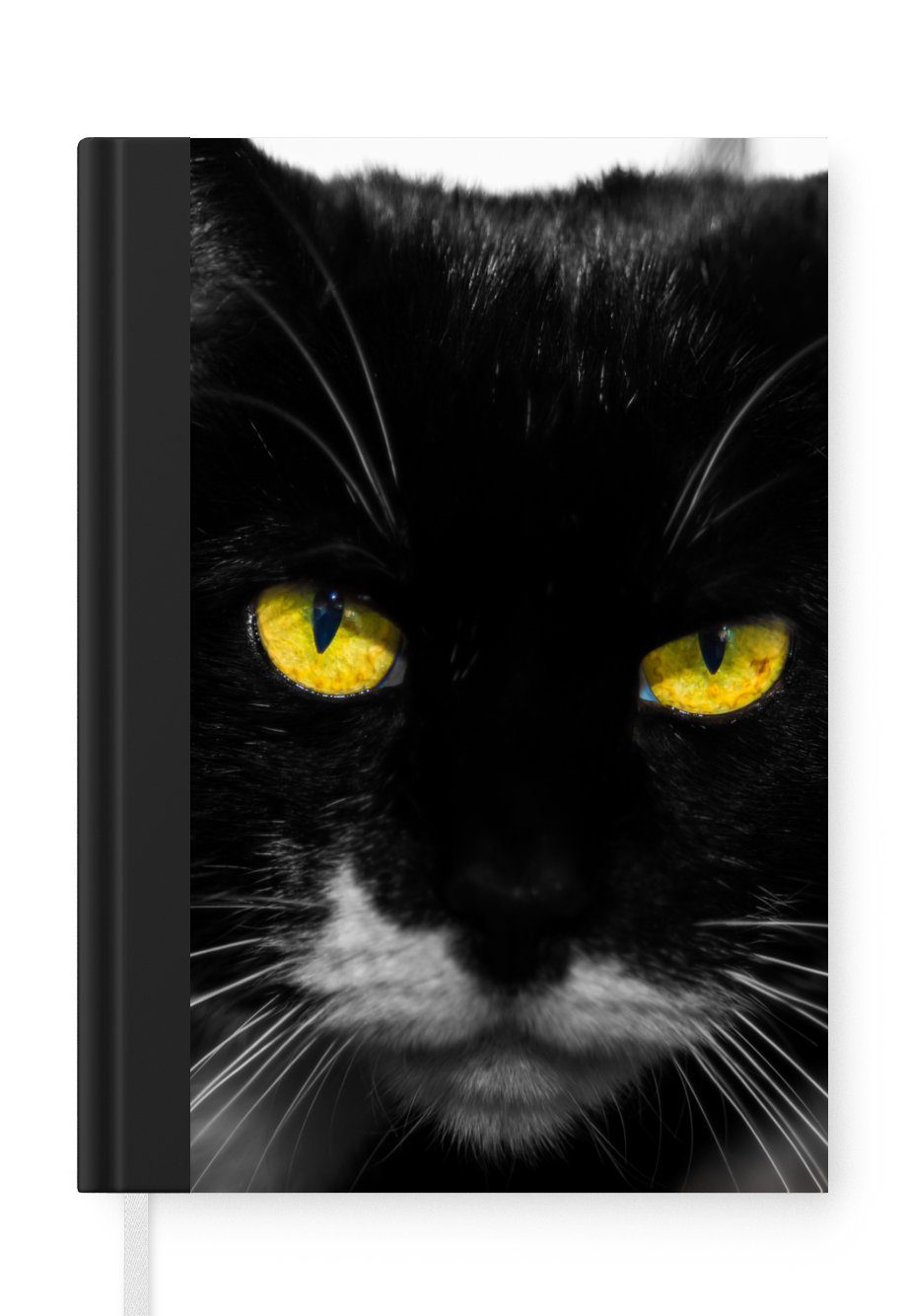 MuchoWow Notizbuch Schwarz-Weiß-Foto des Kopfes einer schwarzen Katze mit gelben Augen, Journal, Merkzettel, Tagebuch, Notizheft, A5, 98 Seiten, Haushaltsbuch