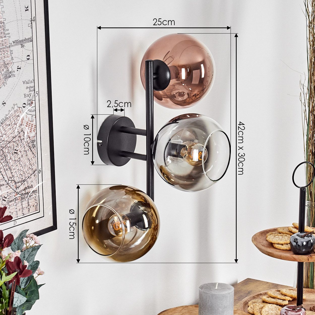 hofstein Wandleuchte Wandlampe aus Metall/Glas in Schwarz/Chrom/Rauch/Kupfer/Gold/Klar, moderne Leuchte im Retro/Vintage-Design (Schirme Ø 15 cm), E14