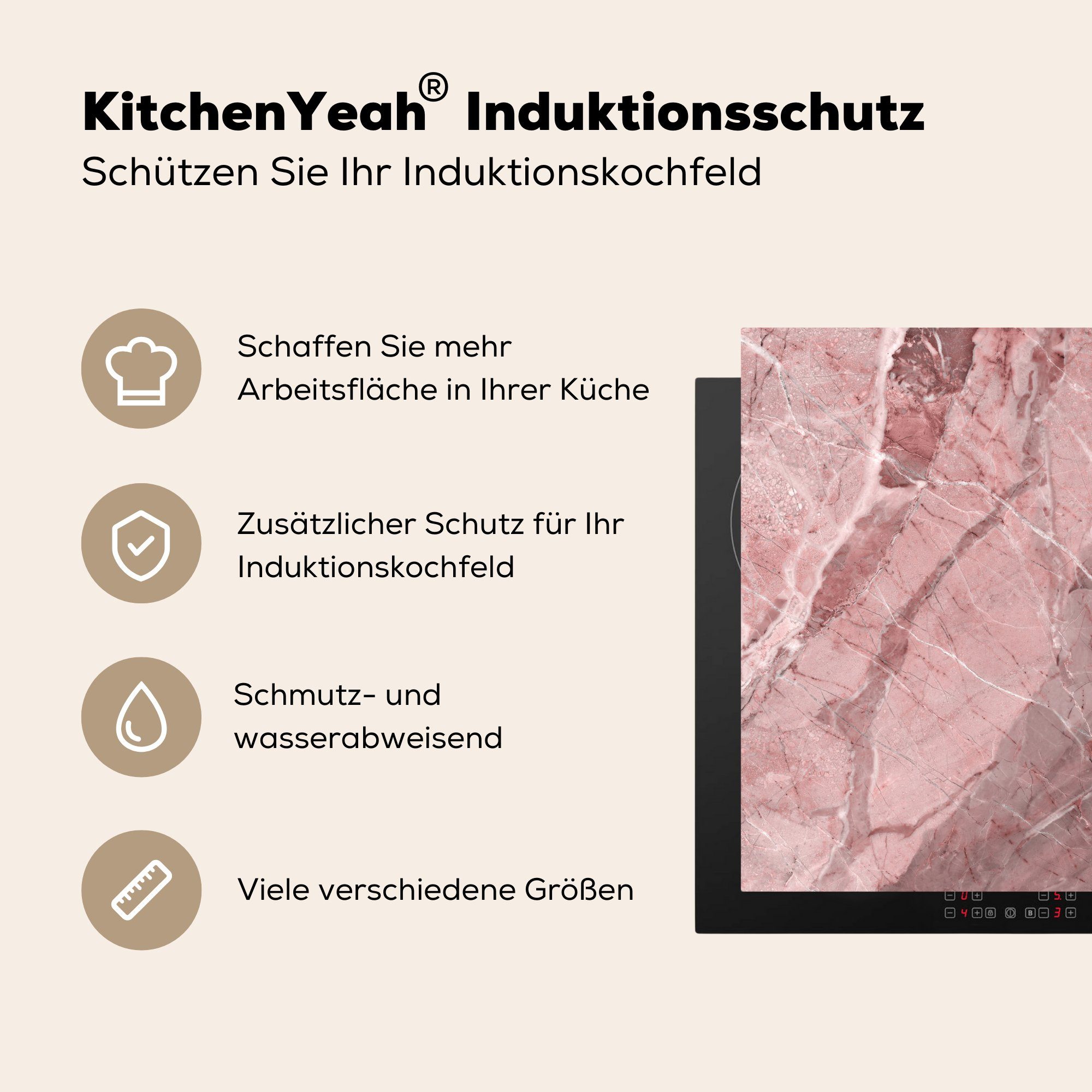 Ceranfeldabdeckung, Weiß - Vinyl, cm, 78x78 (1 - - für Granit Rosa tlg), MuchoWow Arbeitsplatte Herdblende-/Abdeckplatte Kieselsteine, küche