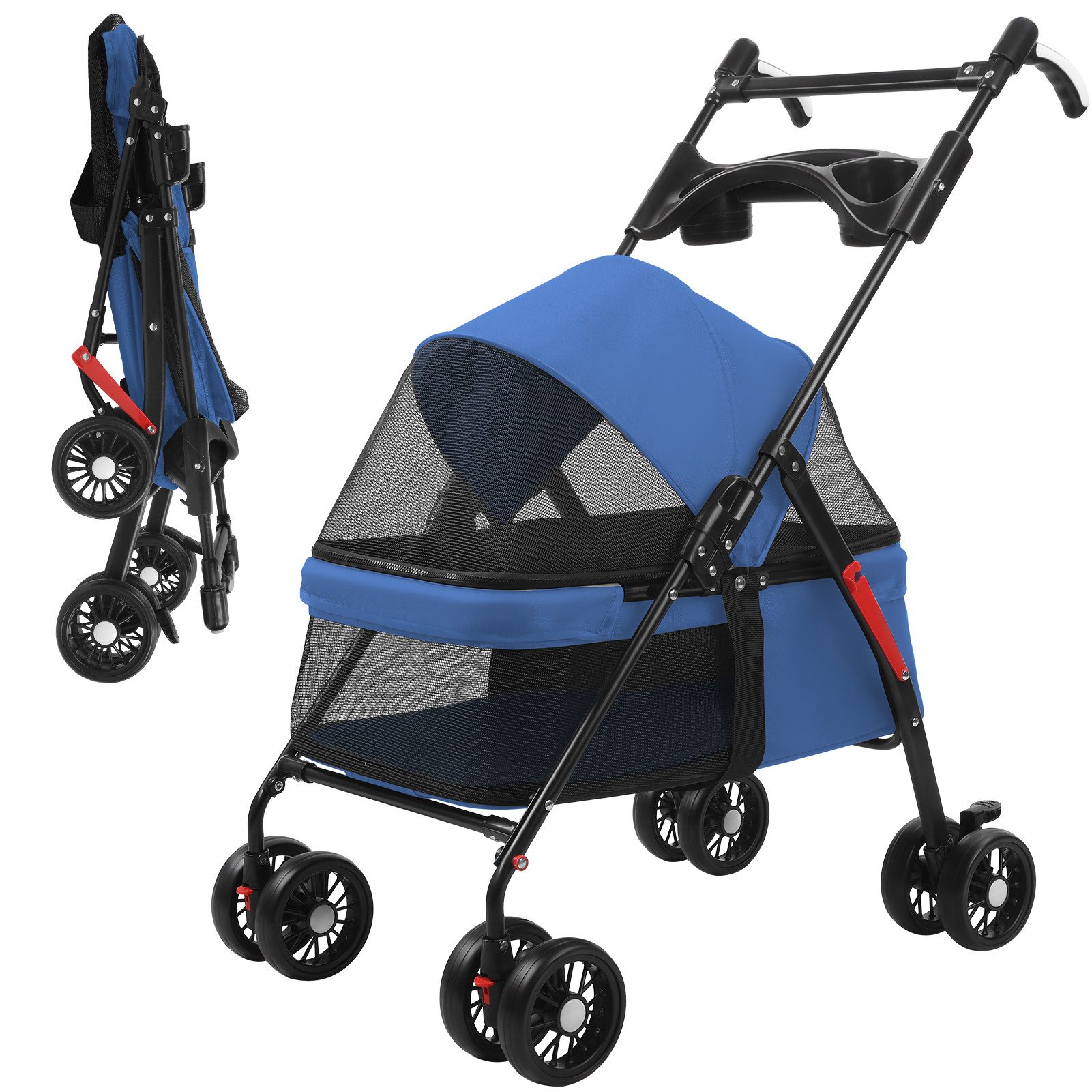 Rutaqian Hundebuggy Hundewagen für Hunde und Katzen, Faltbarer Hundebuggy mit Sonnenschutz, Hundebuggy 10kg Tragkraft, 98x69x49 cm