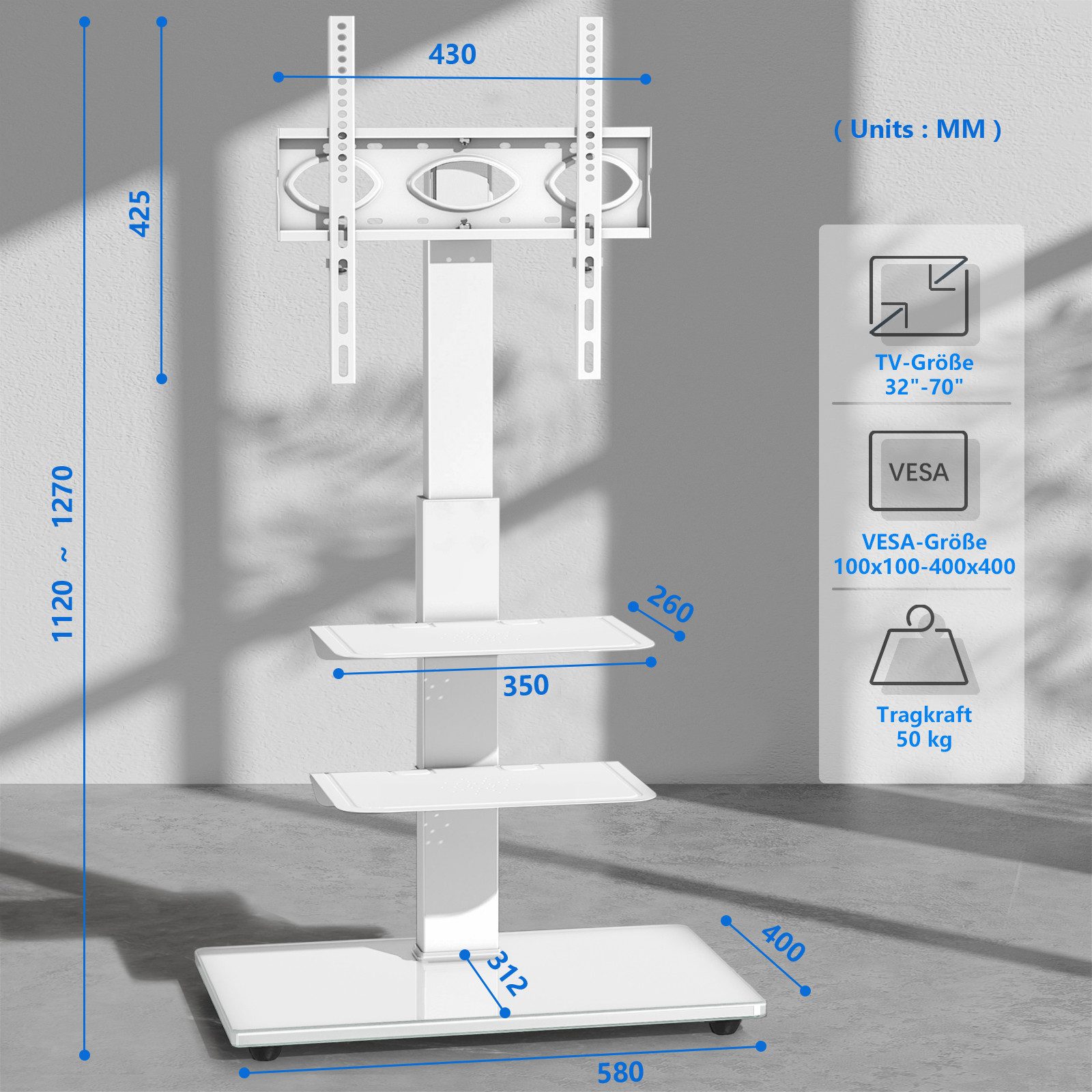 Rfiver TV-Ständer TV Bodenständer TV Standfuß mit 3 Ablagen für 32-70 Zoll Fernseher, (bis 70 Zoll, 1-tlg., Max VESA 400x400 mm bis 50 kg)