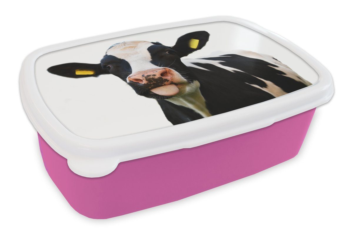 MuchoWow Lunchbox Kuh - Schwarz - Weiß, Kunststoff, (2-tlg), Brotbox für Erwachsene, Brotdose Kinder, Snackbox, Mädchen, Kunststoff rosa