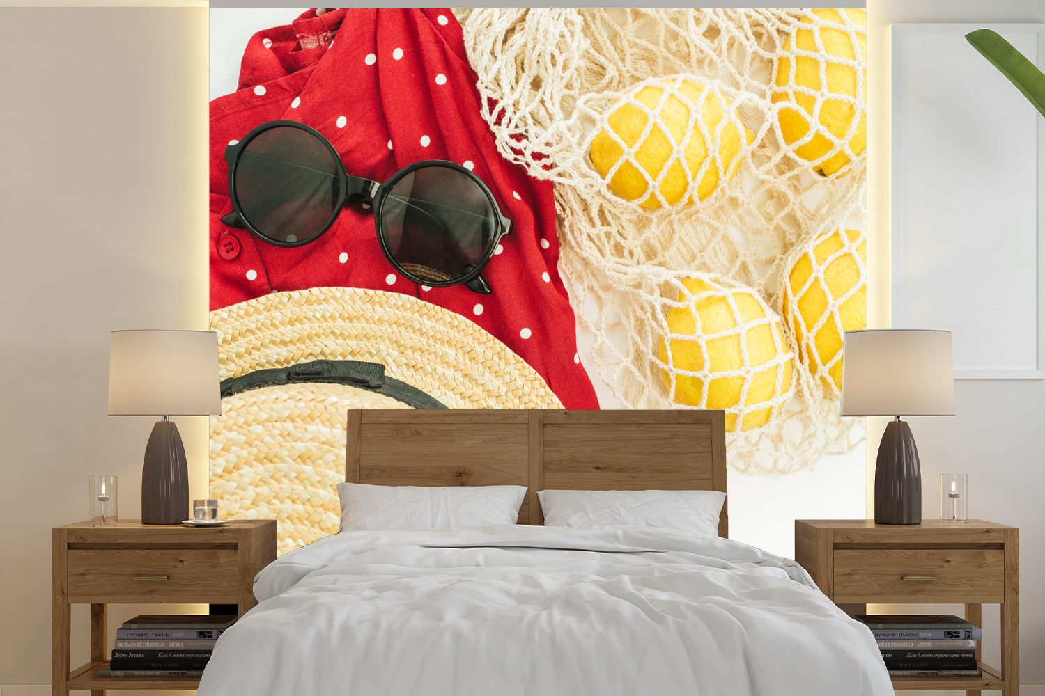 MuchoWow Fototapete Sonnenbrille - Hut - Zitrone, Matt, bedruckt, (5 St), Vinyl Tapete für Wohnzimmer oder Schlafzimmer, Wandtapete