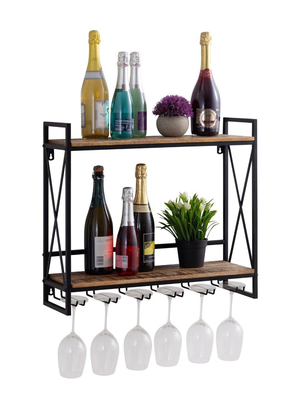 Regal Weinregal Holz Hausbar Flaschenregal 60x45x25cm Rio Mangoholz Metall-