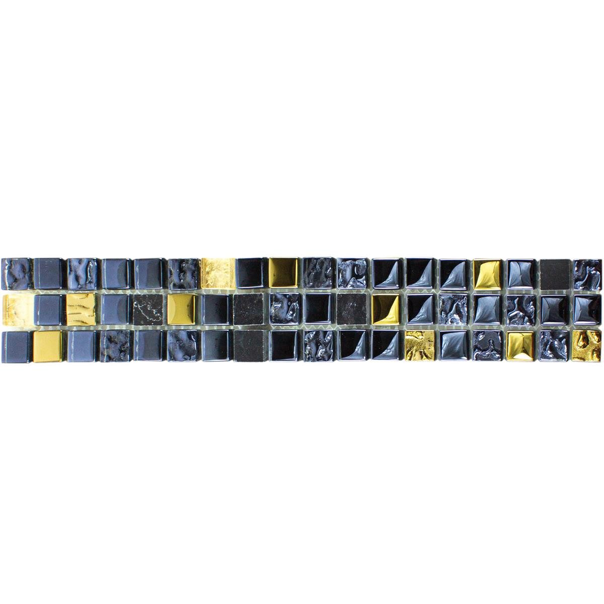 Mosafil Mosaikfliesen Glas Naturstein Fliesenbordüre Marco, Naturstein-Glas-Marmor 30.000x4.800, schwarz-gold, Verlegefertig auf ein Netz geklebt