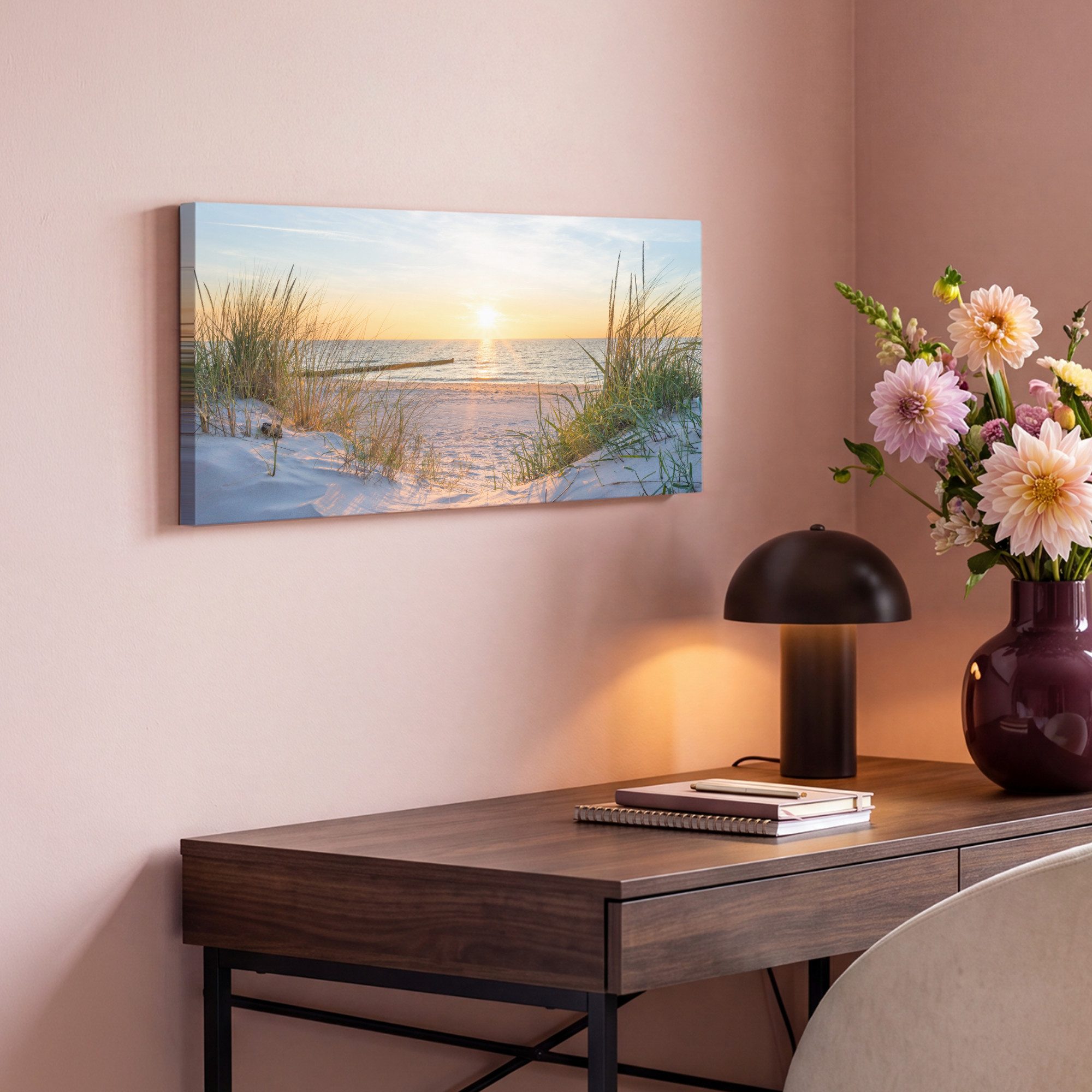 OneMillionCanvasses® Leinwandbild Panorama Strand - Sonne - Düne - Gras - Sand - Horizont, Fotodruck (1 St), Wandbild, Deko Schlafzimmer Wohnzimmer Flur 40x20 c – Bild 4 von 5