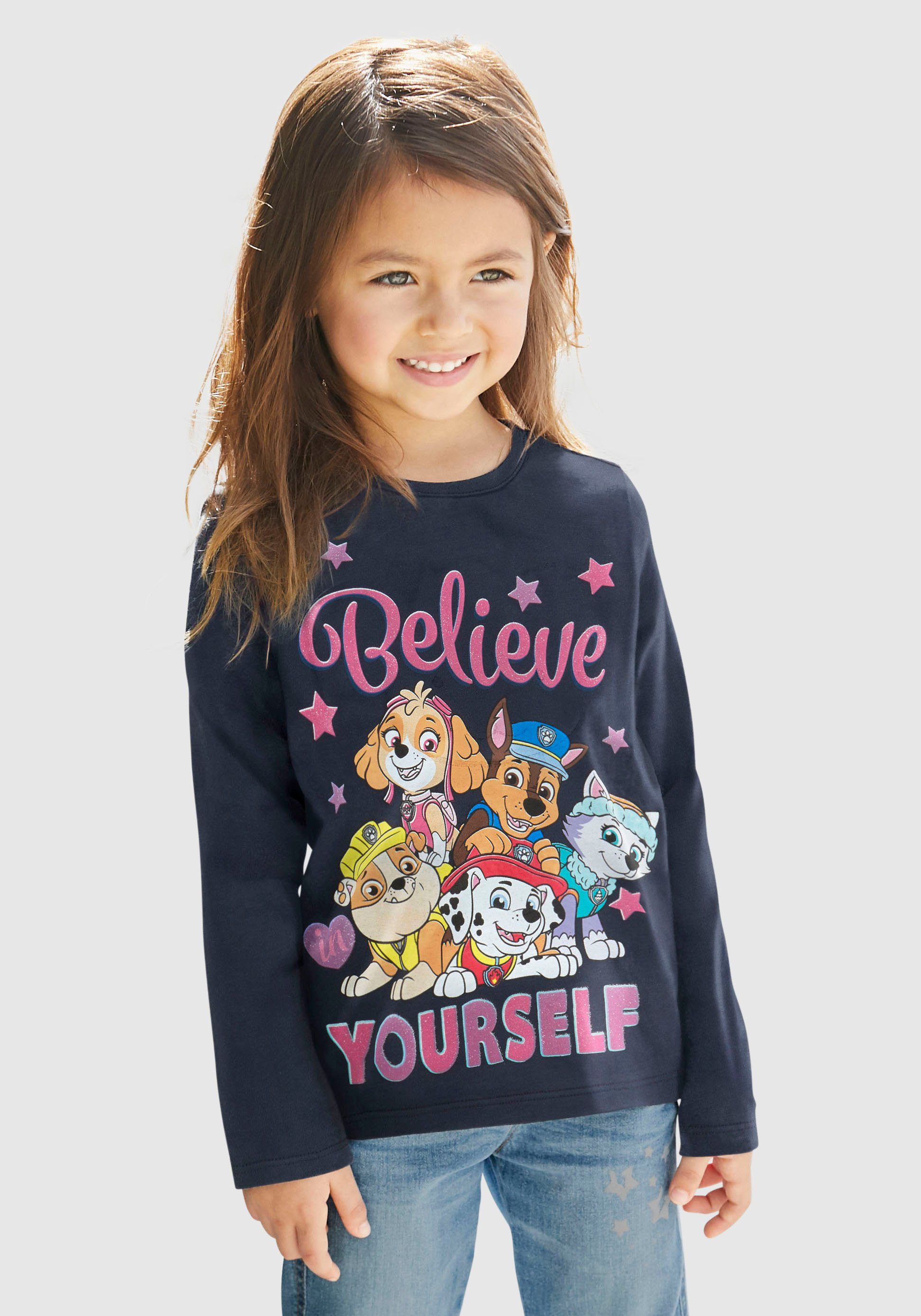 PAW PATROL Langarmshirt Schriftzug mit PAW PATROL Team