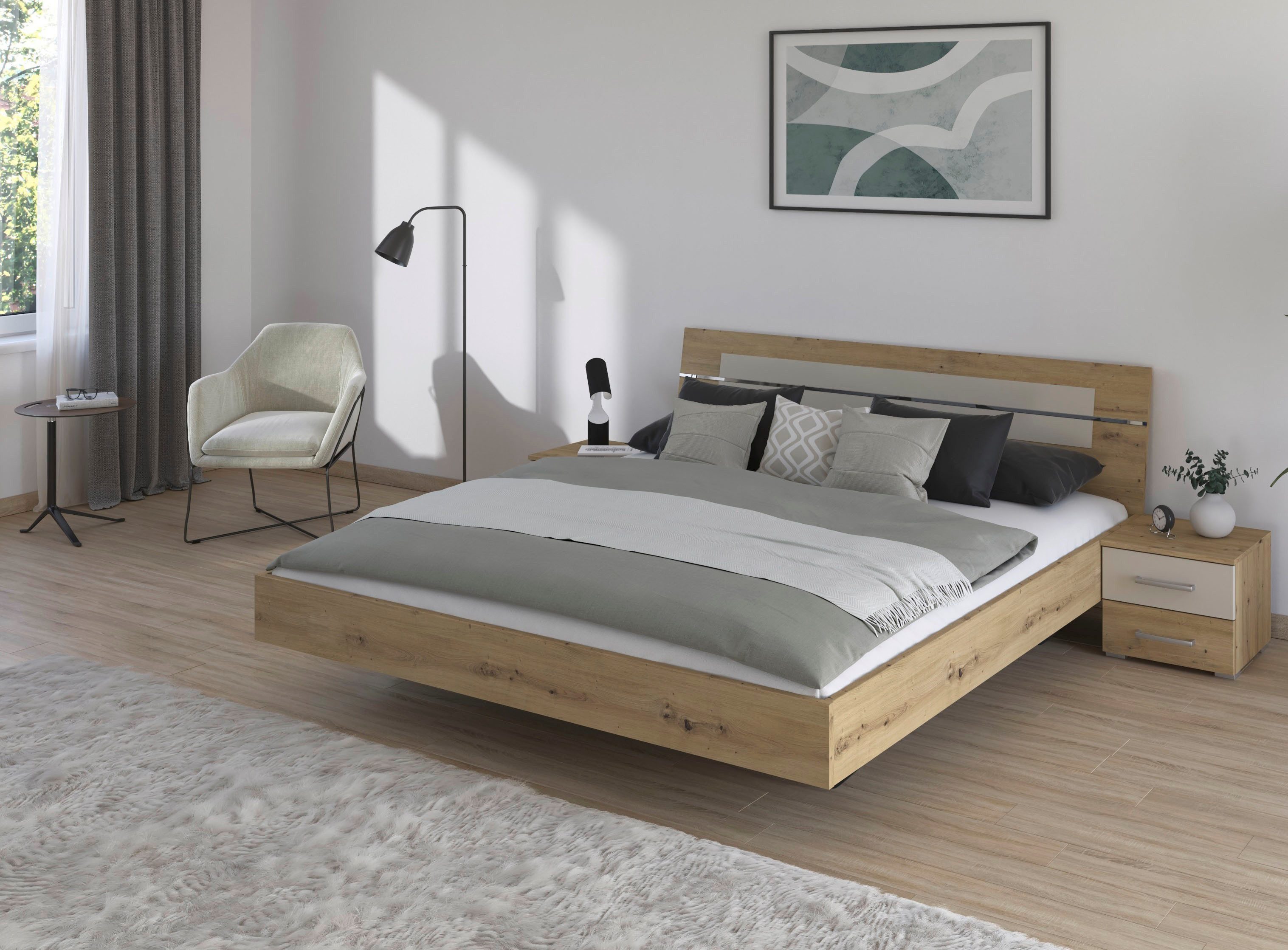 rauch Bettanlage Doppelbett Futonbett BURANO in schwebender Optik, (Set, 3-tlg), und abgesetztem Kopfteil mit 2 Nachttischen MADE IN GERMANY