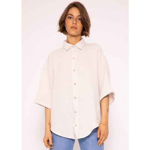 SASSYCLASSY Kurzarmbluse Oversize Musselin Bluse Damen kurzarm Shirt Bluse aus Musselin Baumwolle, Made in Italy, One Size: Gr. 36-48