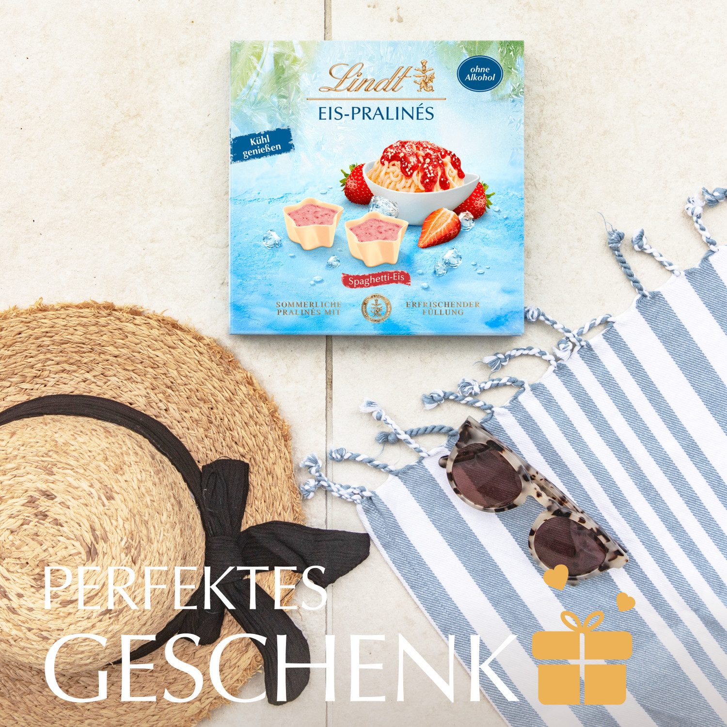 LINDT Schokolade Spaghetti-Eis Pralinés Schachtel Sommer Schokolade Pralinen Geschenk, 1 x 80 g, 1 St.