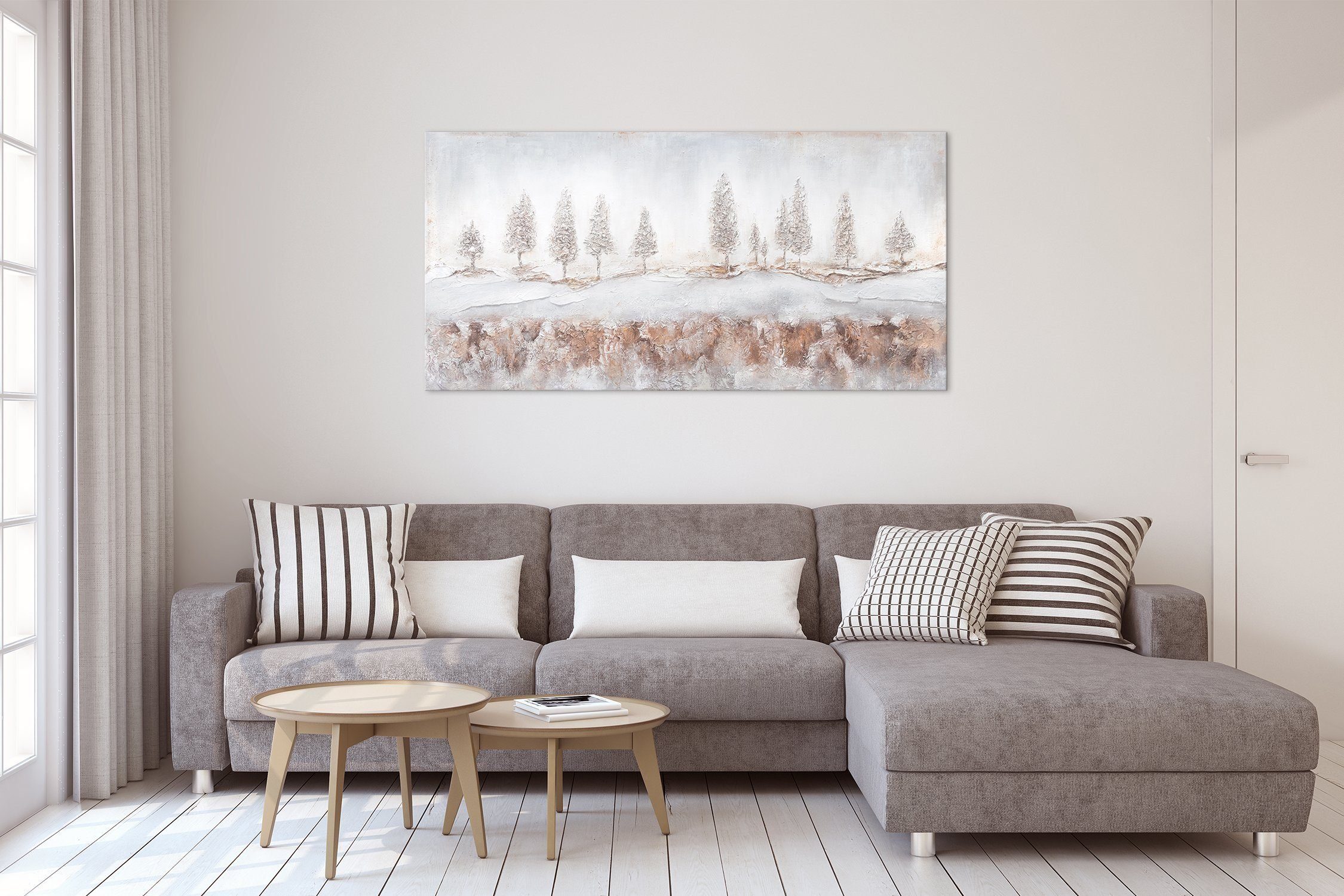 Leinwand Bild Wald Tannen Handgemalt Nebelig, Landschaftsbilder, Weiße YS-Art Gemälde