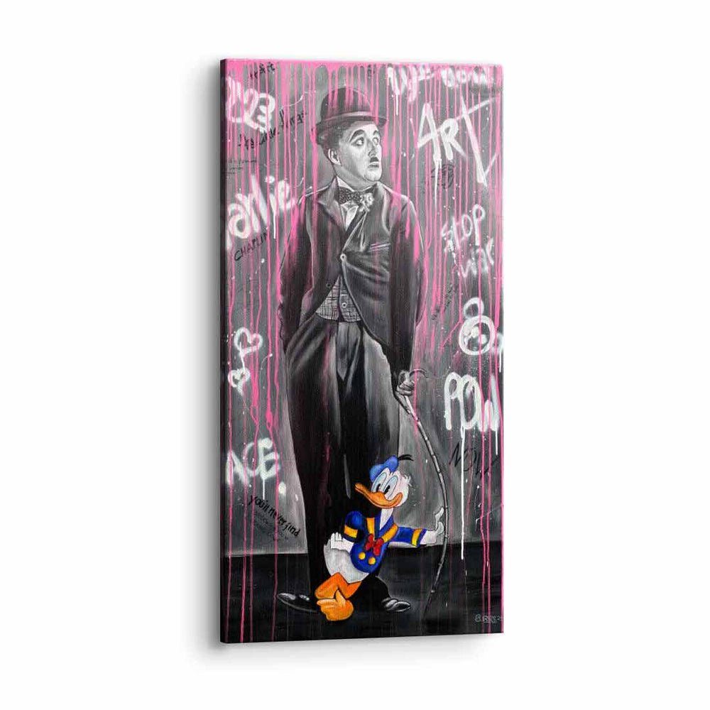 DOTCOMCANVAS® Leinwandbild, Leinwandbild Charlie Chaplin Art Rahmen weißer mit Pop Donald premium Duck Rahmen
